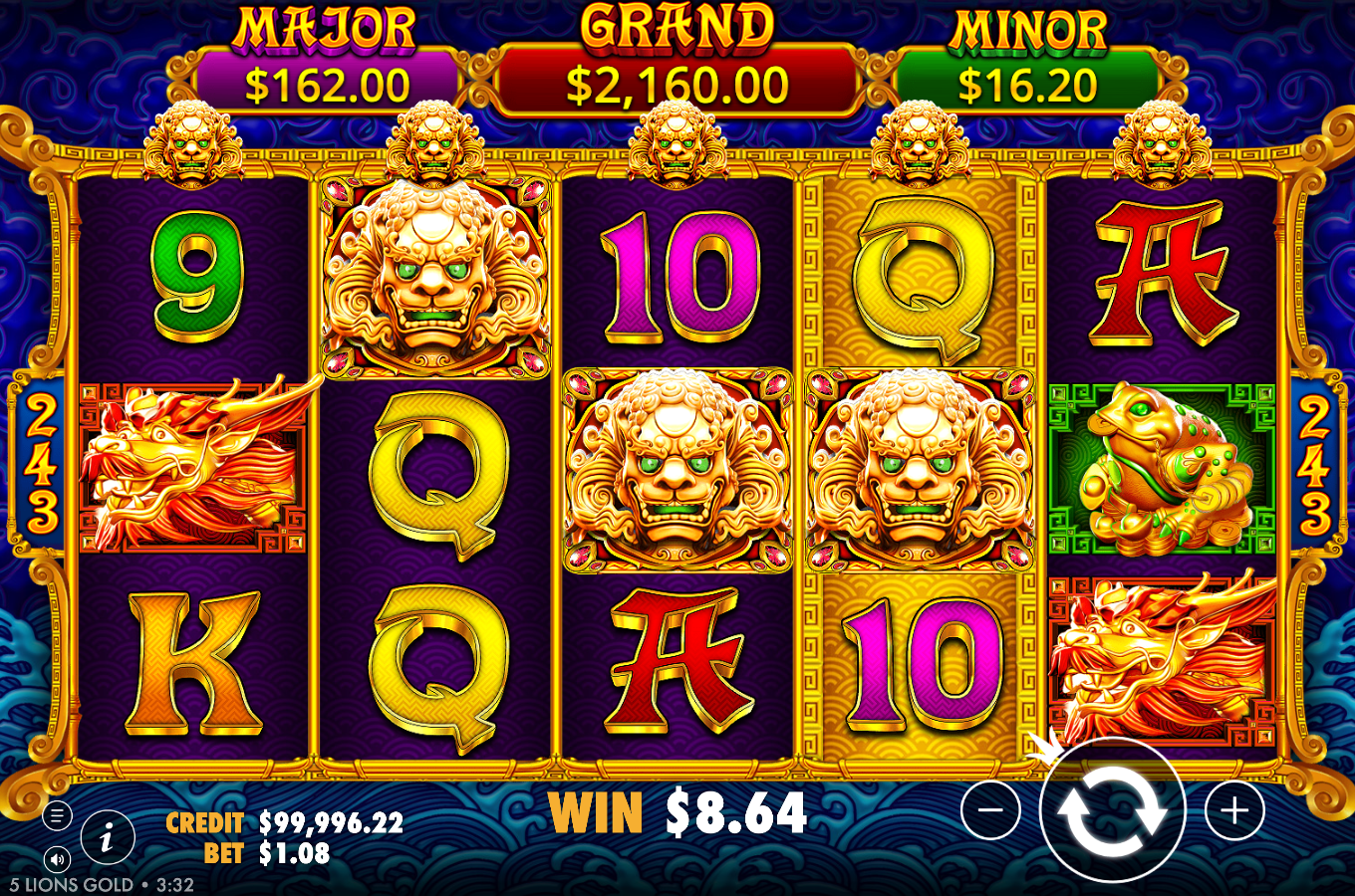 5 Lions Gold base game win with three golden lion wild symbols stacked across reels 2, 3 and 4 showing an A$8.64 win at an A$1.08 bet