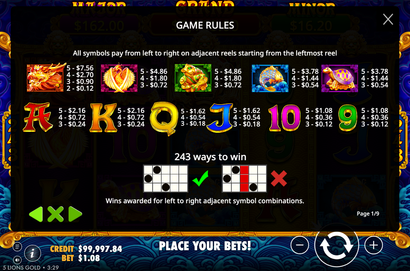 5 Lions Gold Game Rules paytable page showing the dragon, phoenix, money toad, koi and turtle premium values, the card royals and the 243 ways to win confirmation