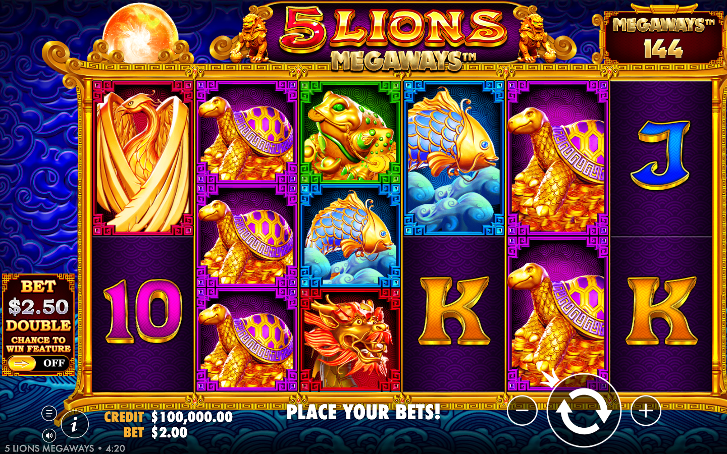5 Lions Megaways base game showing six variable-height reels with a golden dragon, a turtle, a green frog, a koi and gold card royals, the live Megaways ways counter reading 144 and the Ante Bet panel