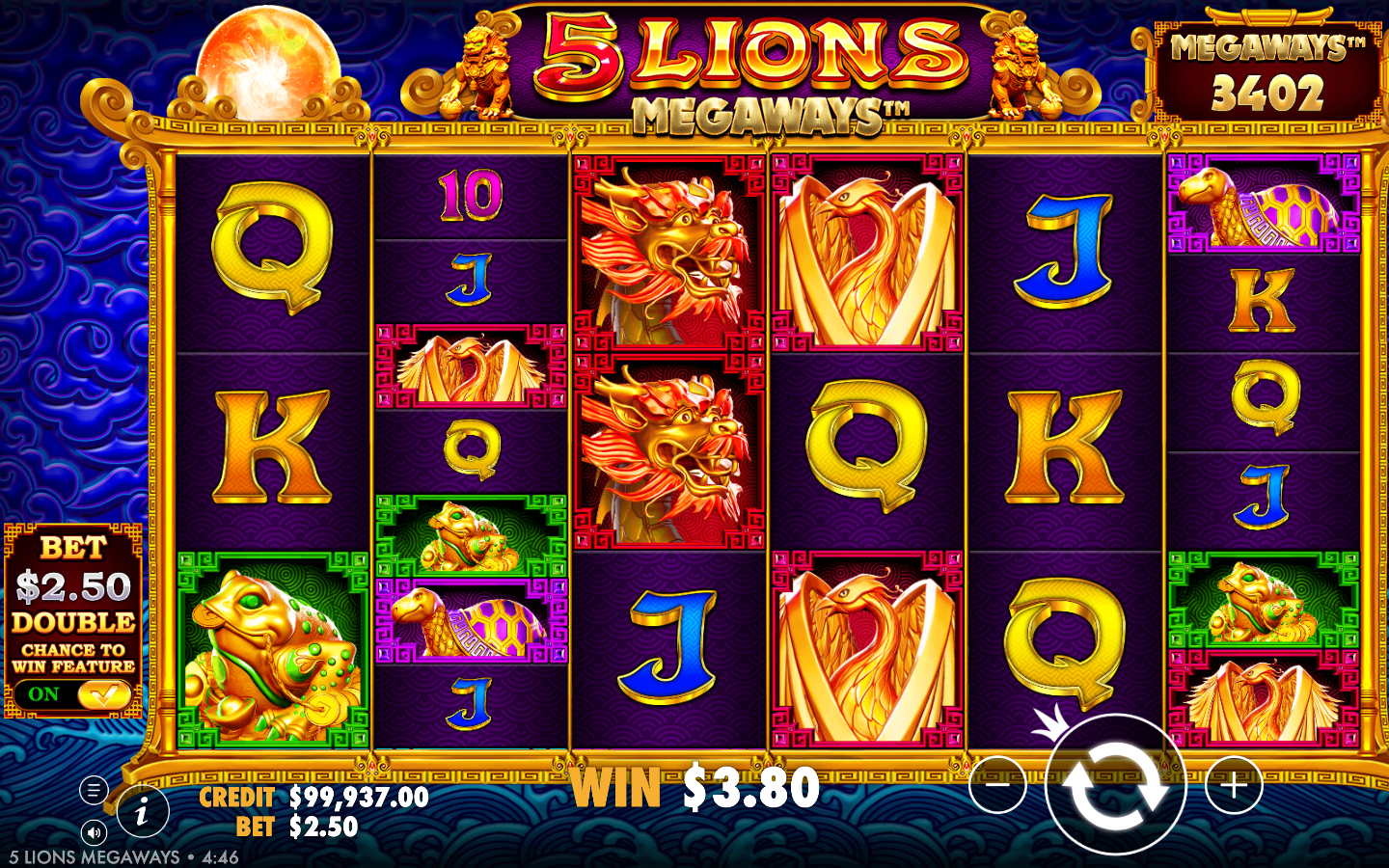 5 Lions Megaways base game mid-play at a high ways count with red-dragon and golden-lion symbols on the reels and a paid tumble win showing