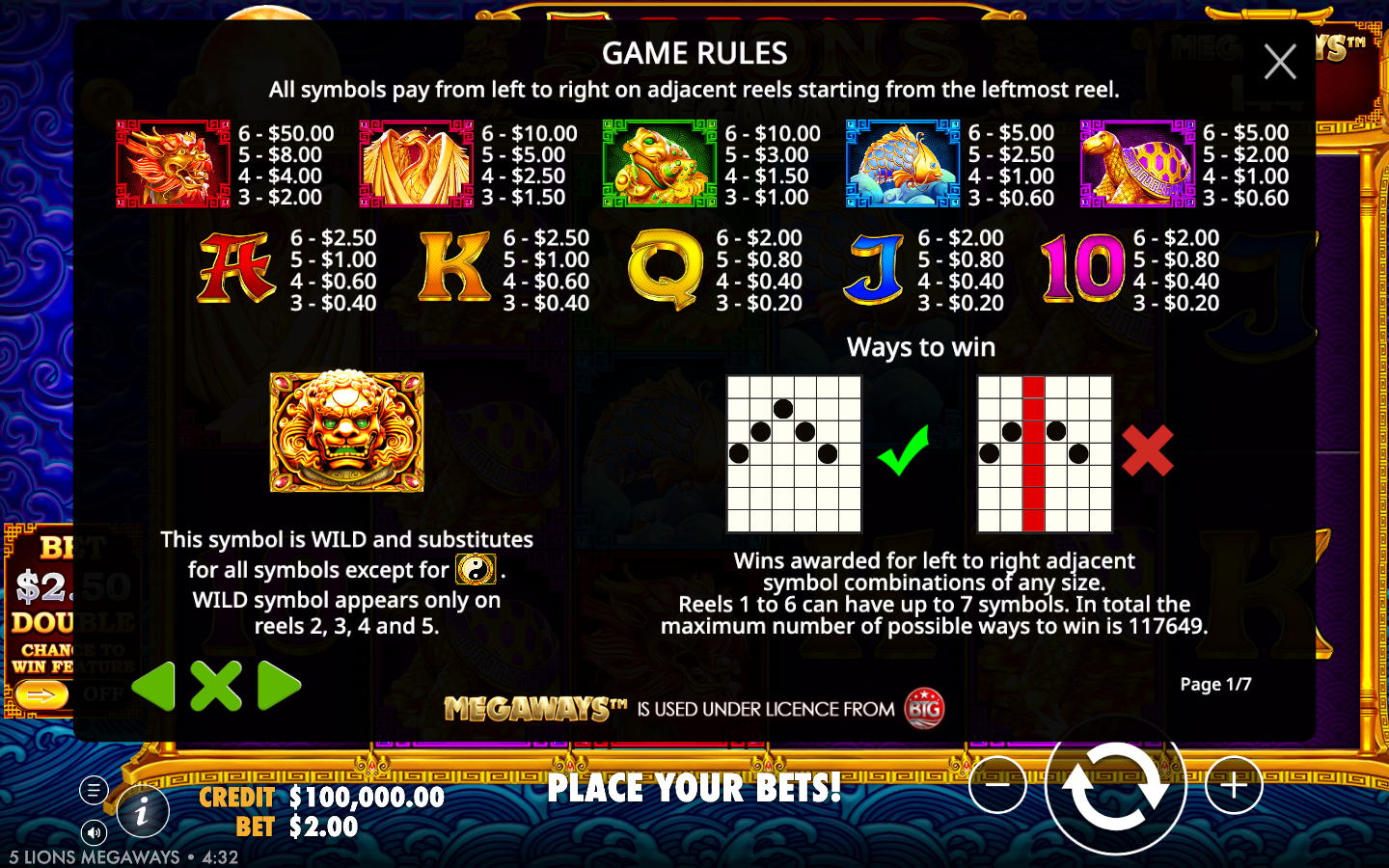 5 Lions Megaways game rules and paytable page showing symbol values, the wild rule for reels two to five, and the ways-to-win statement of 117,649