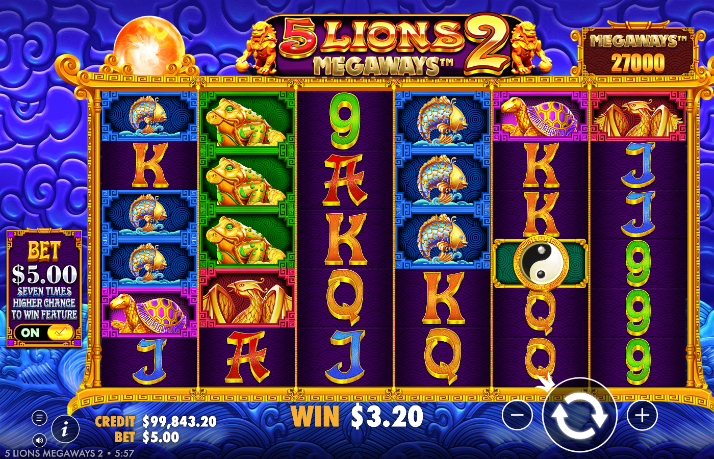 5 Lions Megaways 2 base game showing six variable-height reels with the red dragon, koi, frog and turtle premiums, a golden-lion wild, a yin-yang scatter, the live Megaways ways counter and a paid tumble win, with the Ante Bet panel on