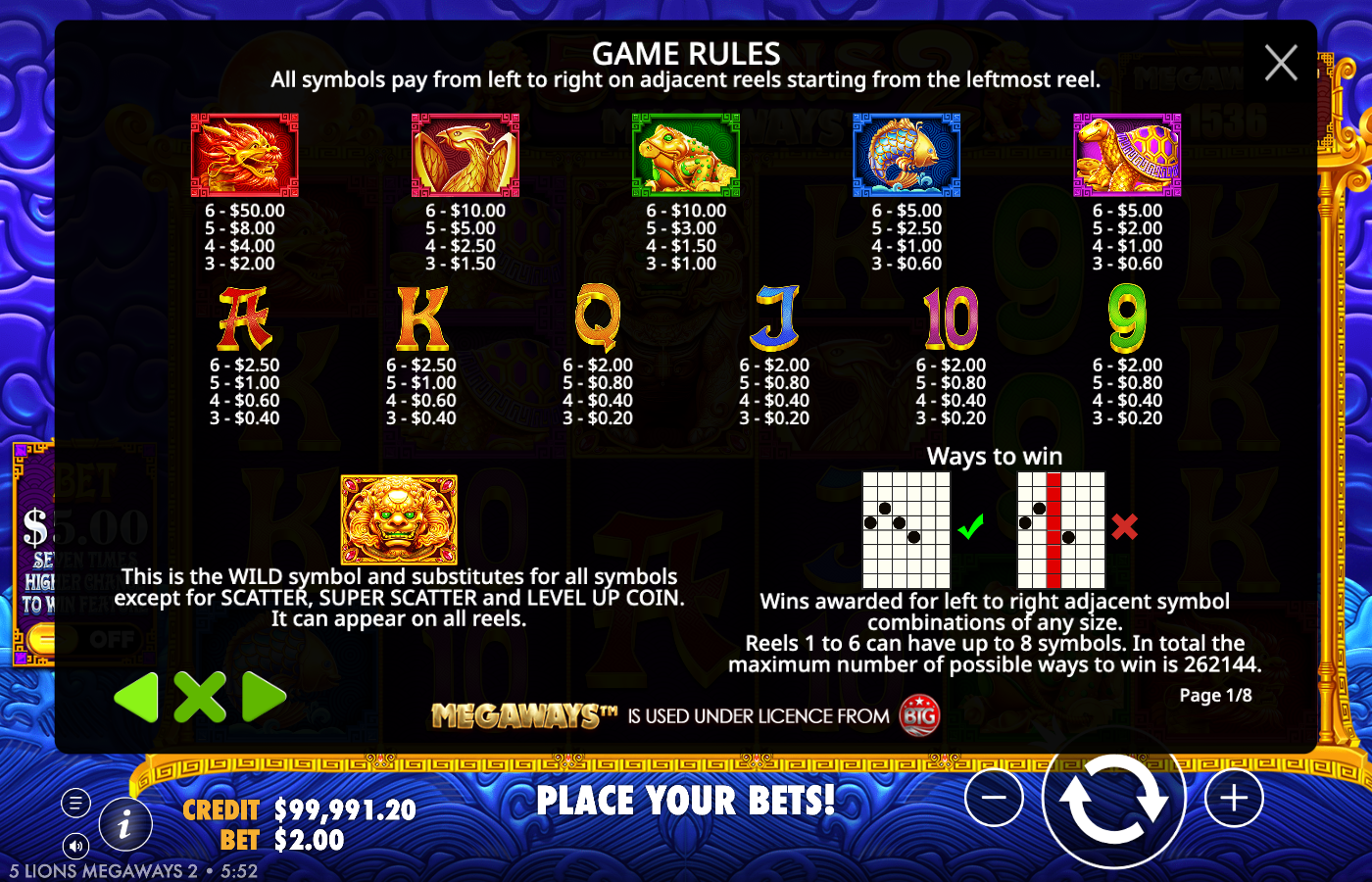 5 Lions Megaways 2 game rules and paytable page showing symbol values, the golden-lion wild rule, and the ways-to-win statement of 262,144