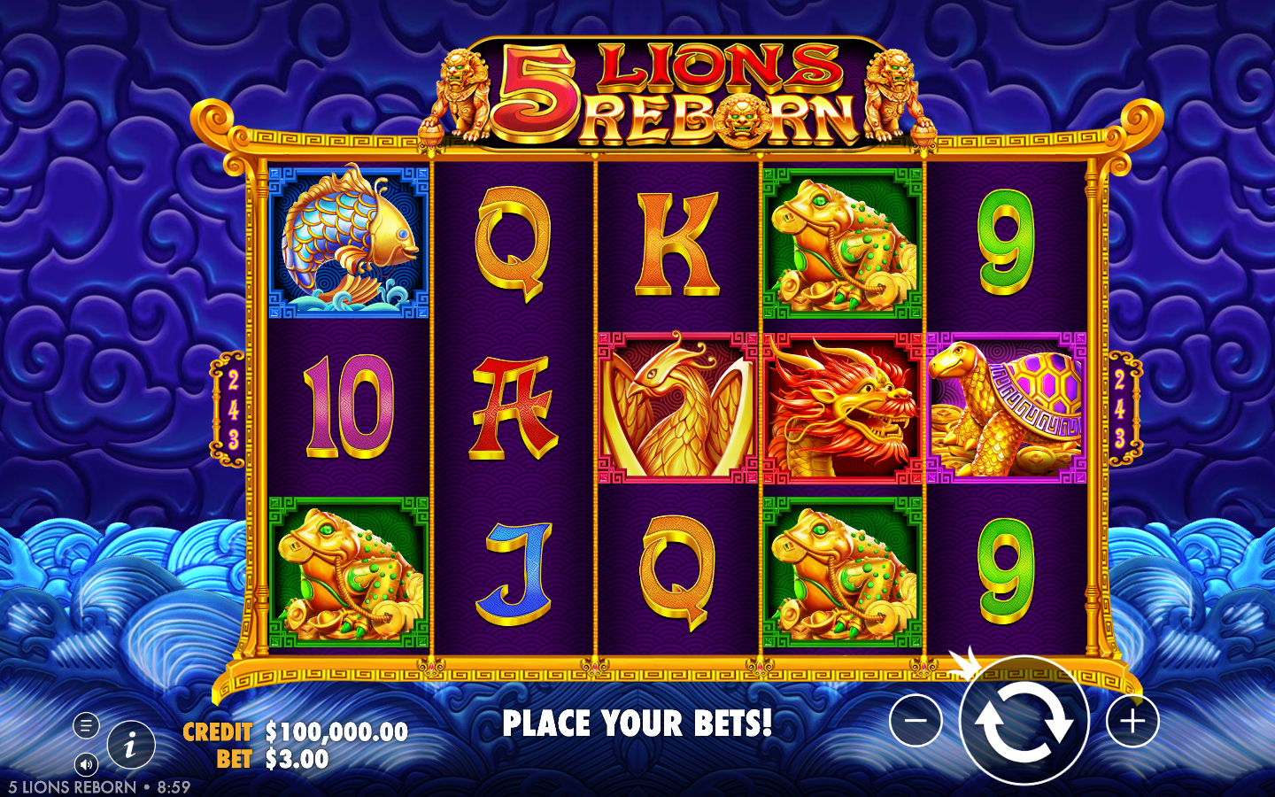 5 Lions Reborn base game on a 5 by 3 grid showing the 243 ways markers, a golden dragon, koi, turtle, money toad and card royals with the golden guardian lions on the banner