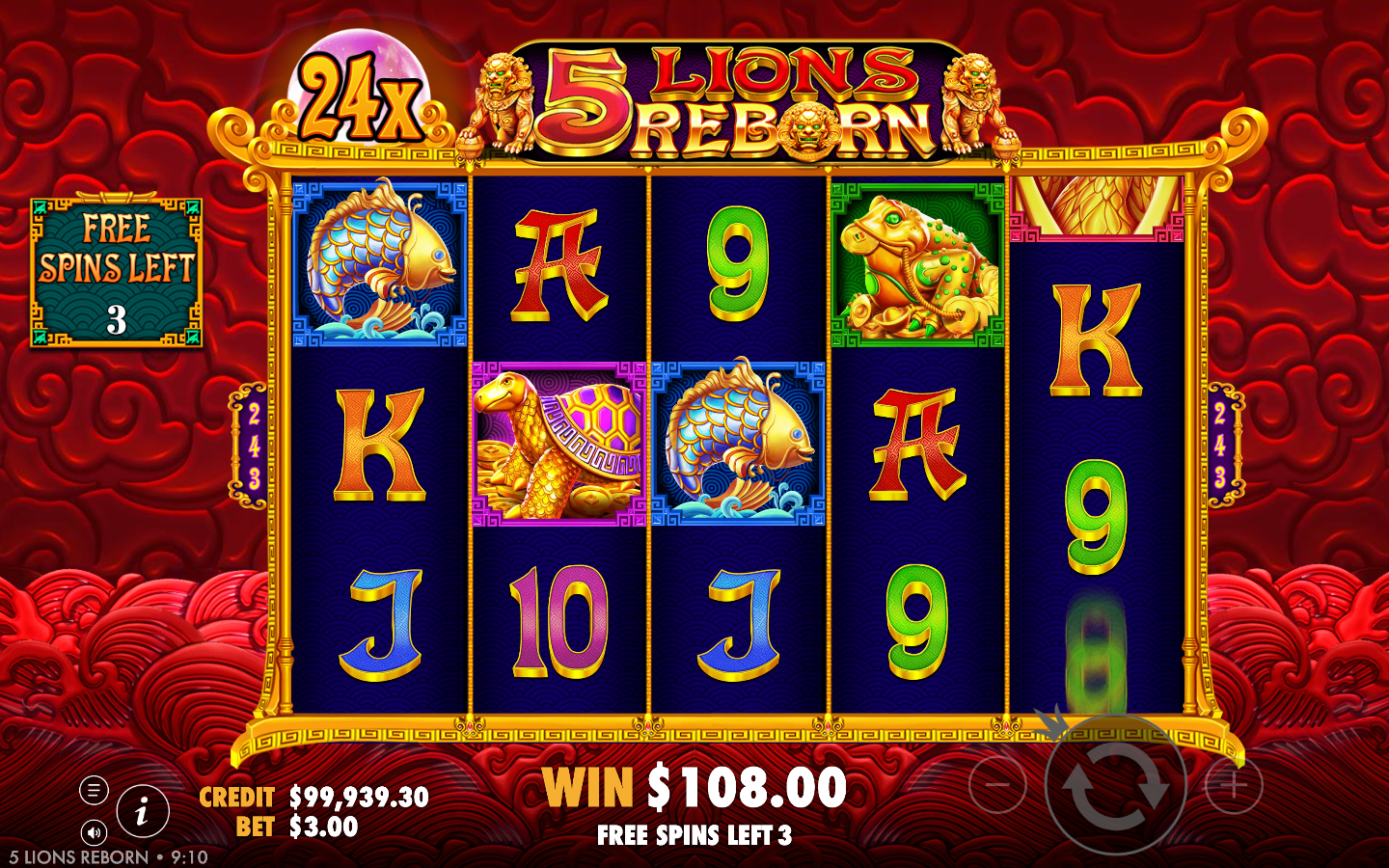 5 Lions Reborn free-spins round in play in red mode showing the wild multiplier at 24x, a FREE SPINS LEFT panel on 3 and an accumulated WIN of A$108.00
