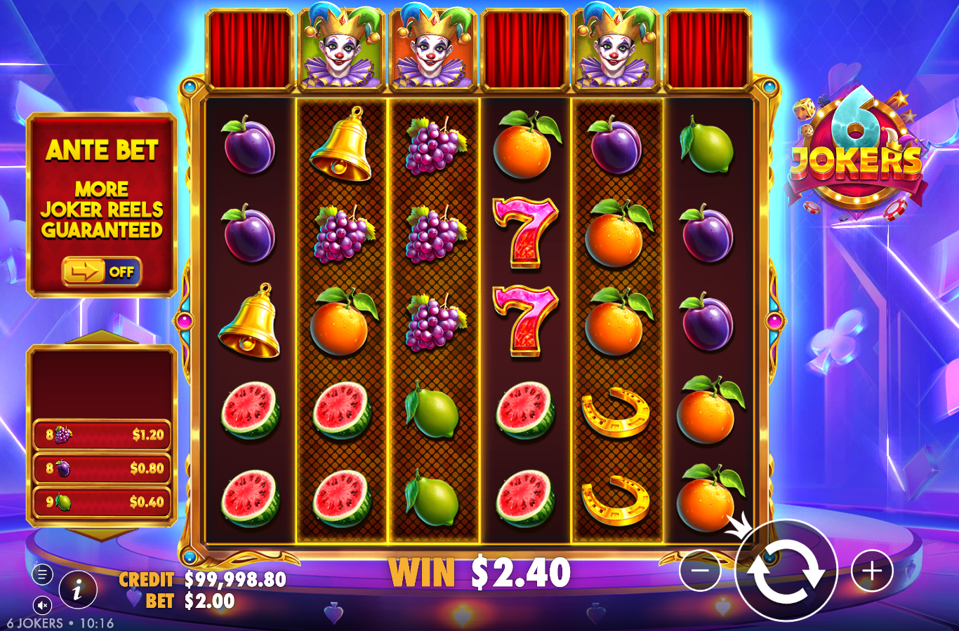6 Jokers base game 6 by 4 reels showing watermelon, grapes, plum and orange fruit symbols with two sevens, a bell and a horseshoe, and jester heads above the reels