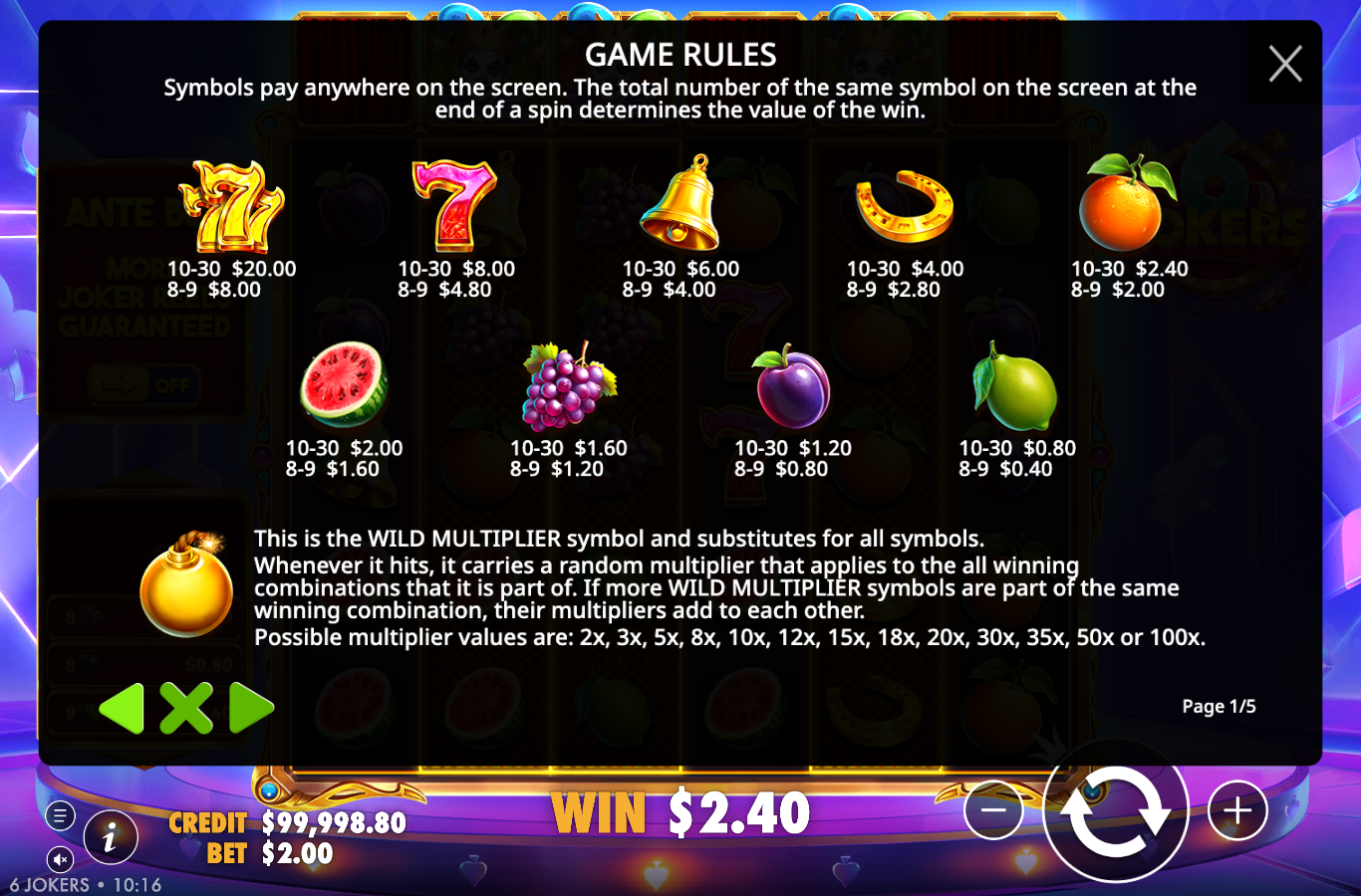 6 Jokers game rules and paytable screen listing seven, bell, horseshoe and fruit symbol values plus the pay-anywhere rule and the wild multiplier ladder