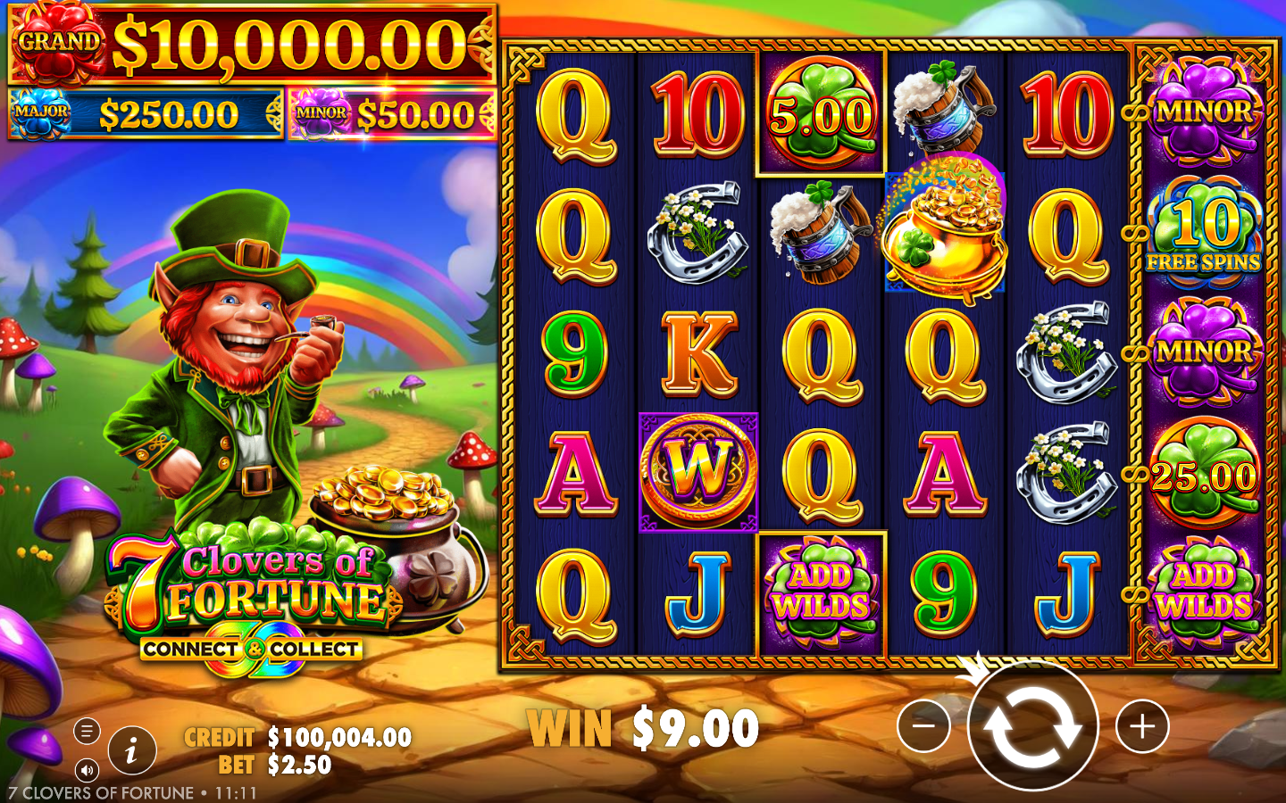 7 Clovers of Fortune base game 5 by 5 reels with a grinning leprechaun, card royals, a Connect and Collect coin and a wild, plus the GRAND MAJOR MINOR jackpot header and the loaded sixth special reel