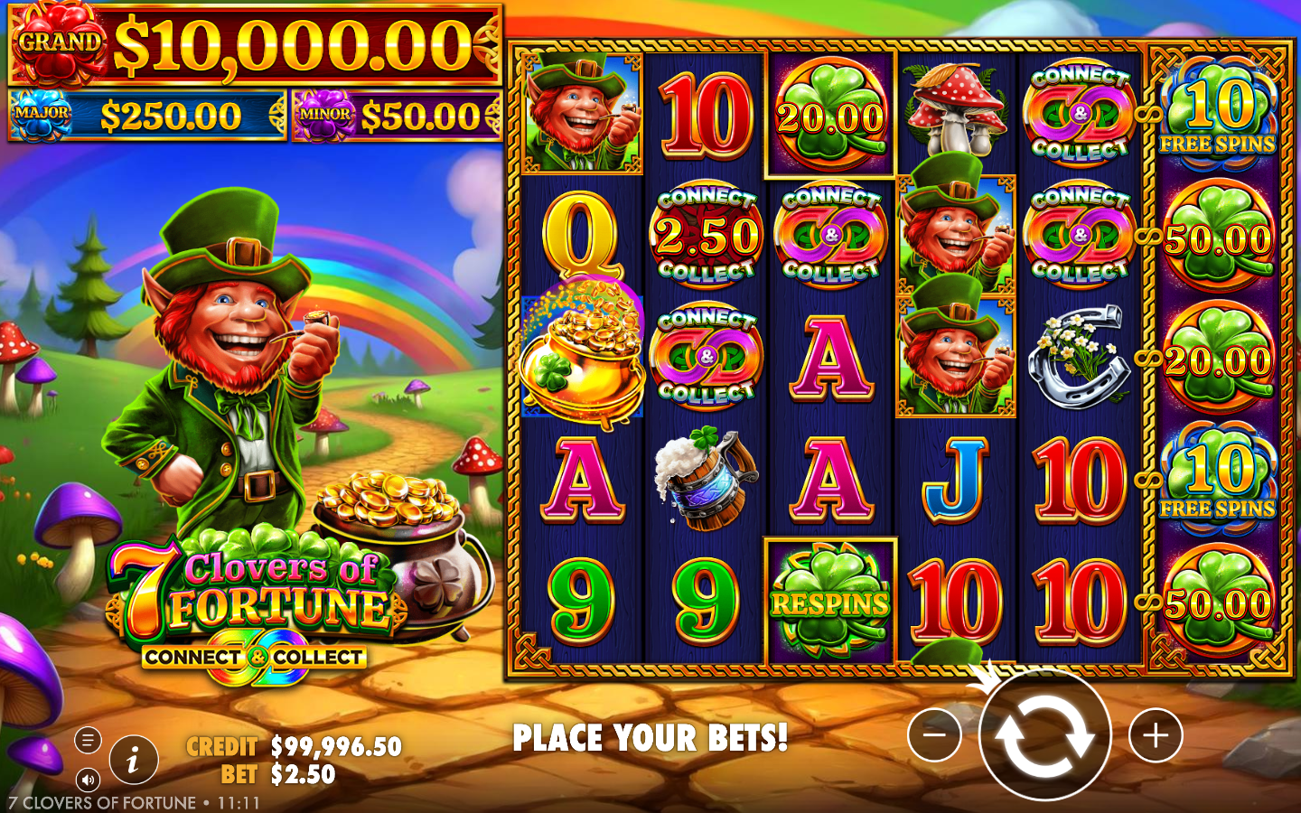 7 Clovers of Fortune Connect and Collect build-up with several coin symbols carrying values across the reels, a RESPINS special on the middle reel and the loaded sixth special reel