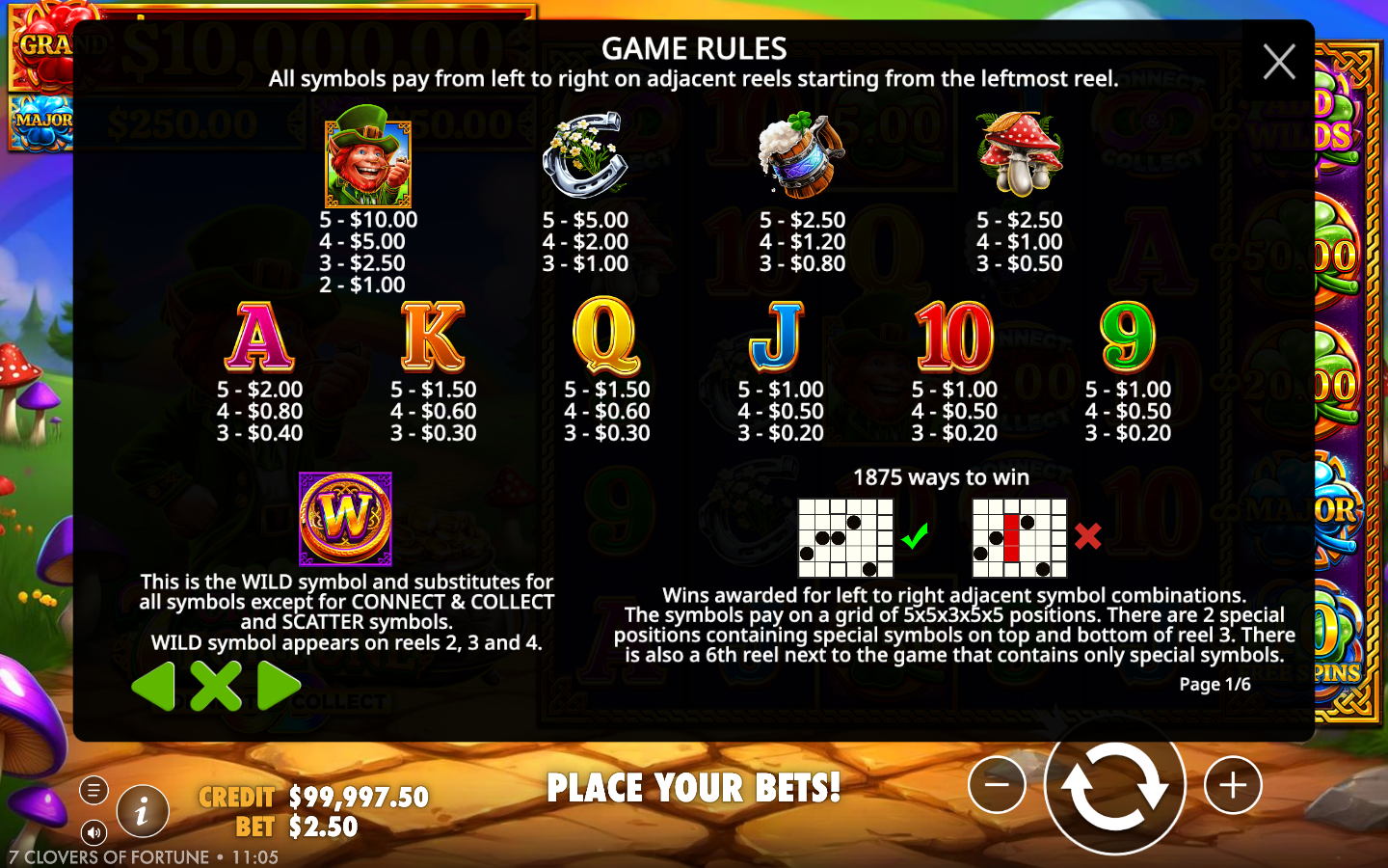 7 Clovers of Fortune game rules and paytable screen showing symbol values, the wild and scatter rules, the 1875 ways to win note and the 5x5x3x5x5 layout diagram