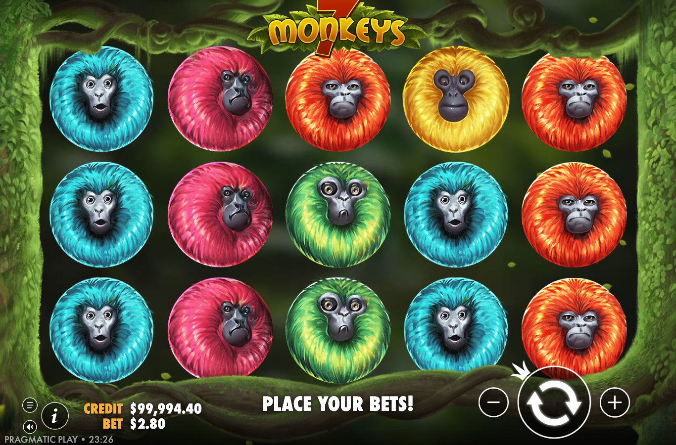 7 Monkeys base game 5 by 3 reels showing the full colour range of monkey symbols against the jungle backdrop