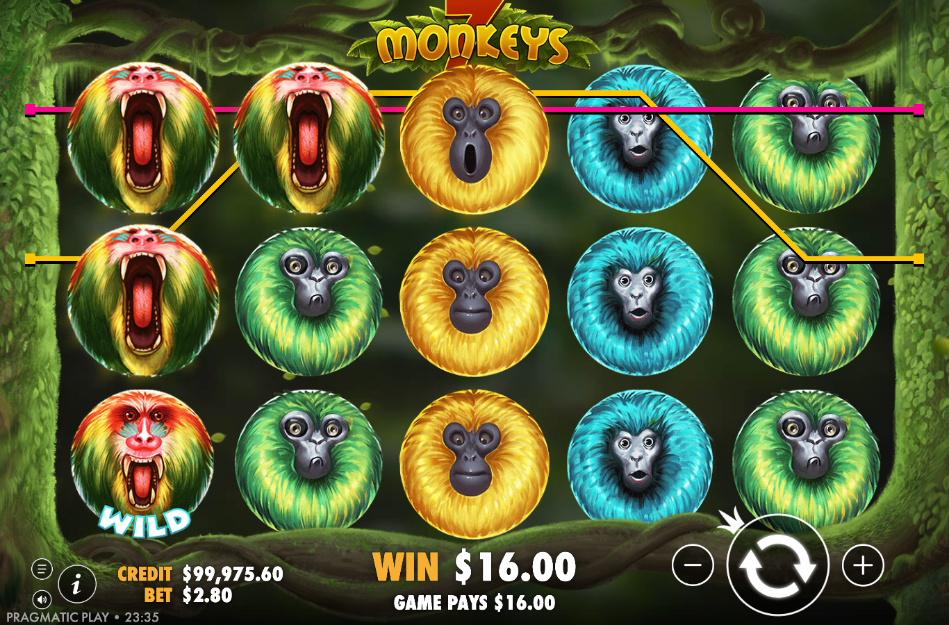 7 Monkeys multi-line win with stacked wild baboon symbols on the first two reels completing two highlighted paylines