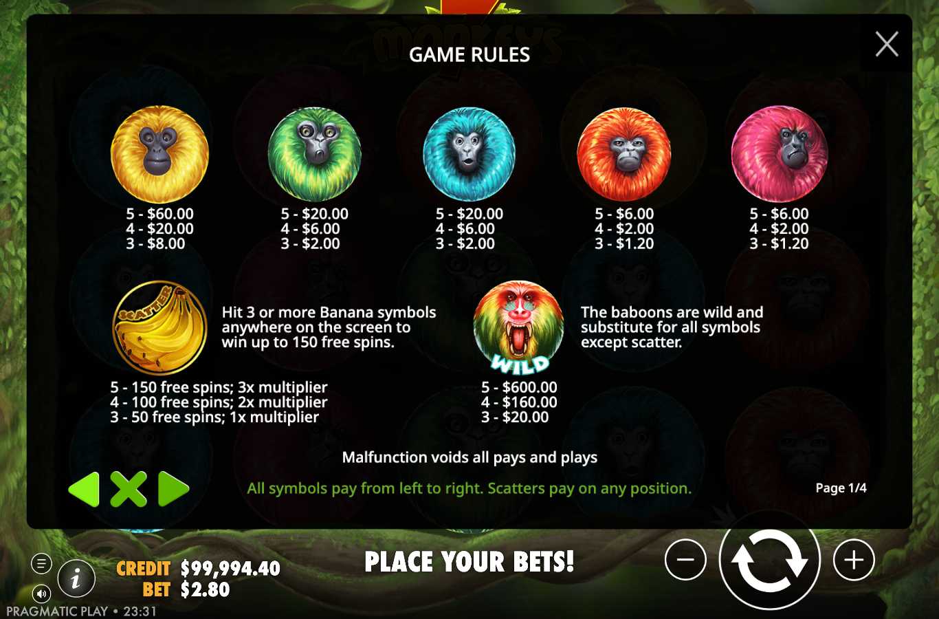 7 Monkeys game rules and paytable screen listing symbol values and the banana scatter free-spins tiers