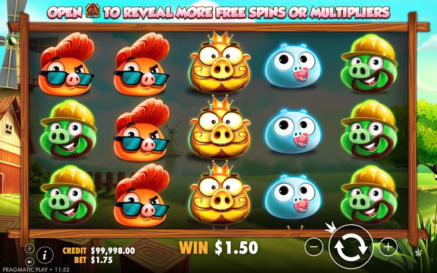 7 Piggies base game 5 by 3 reels showing stacked pig symbols and the golden king pig wild against the farm backdrop with a paid win