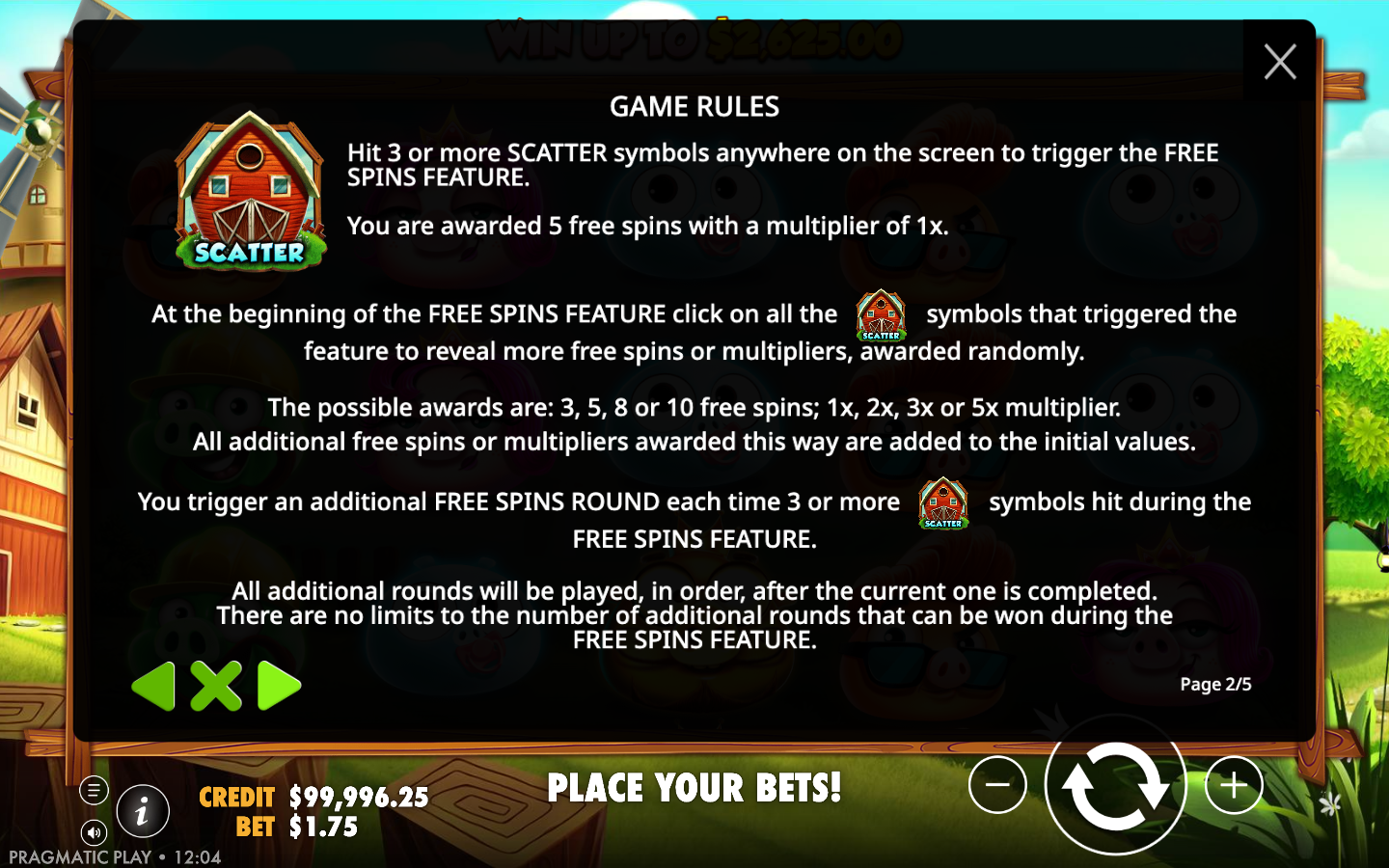 7 Piggies in-game free spins rules page explaining the three scatter trigger, five base spins and the reveal step for extra spins and multipliers
