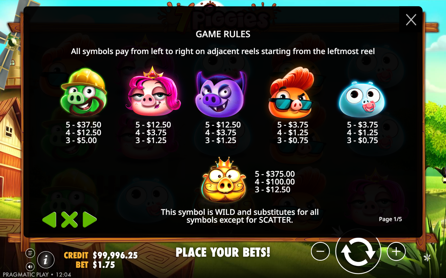 7 Piggies paytable screen listing the king pig wild and the pig symbol values for five, four and three of a kind