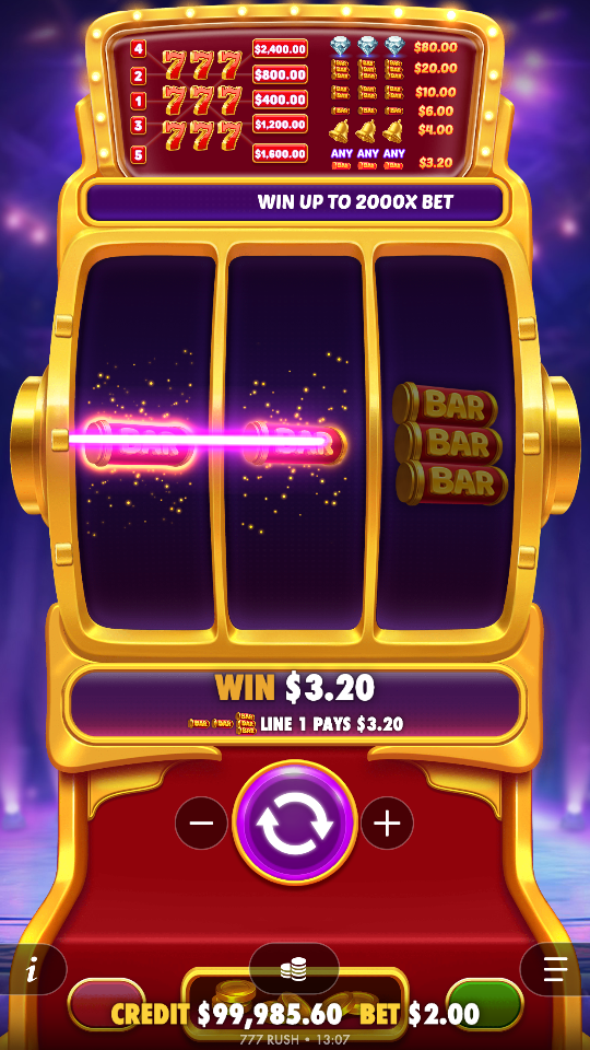 777 Rush base game 3 by 3 reels in a gold slot-machine cabinet with a lit horizontal win line, BAR and red seven symbols, and a paytable strip along the top