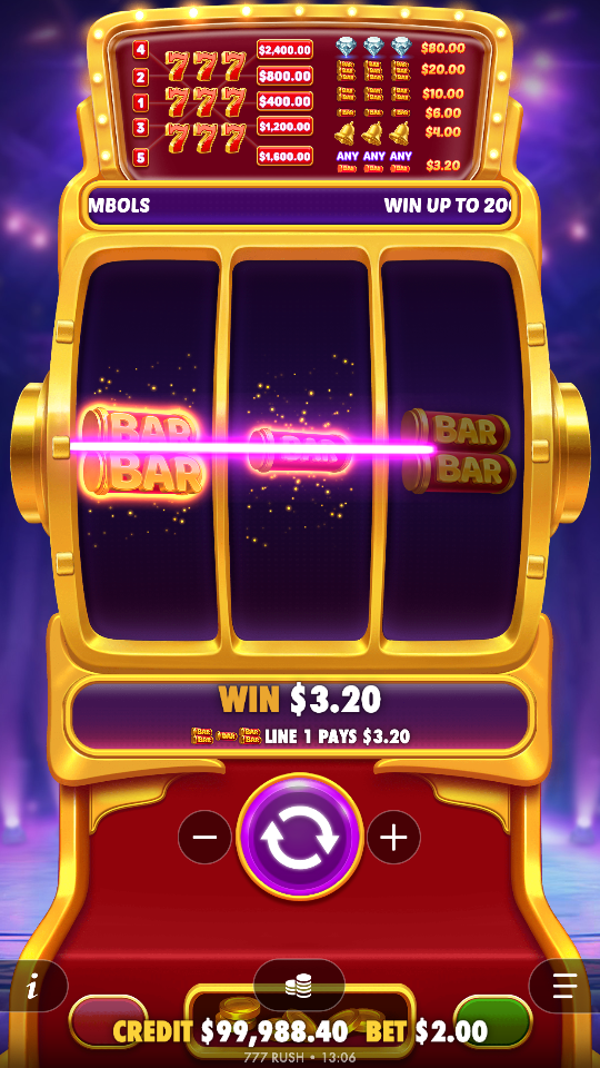 777 Rush base game line win with a payline highlighted across the 3 by 3 reels and a win amount shown, illustrating the red-7 wild line-pay mechanic