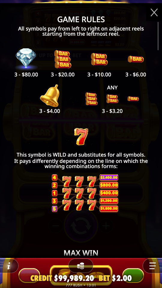 777 Rush game rules and paytable screen listing diamond, triple BAR, double BAR, single BAR, bell and mixed BAR values plus the red 7 wild rule and the five line-dependent seven pays