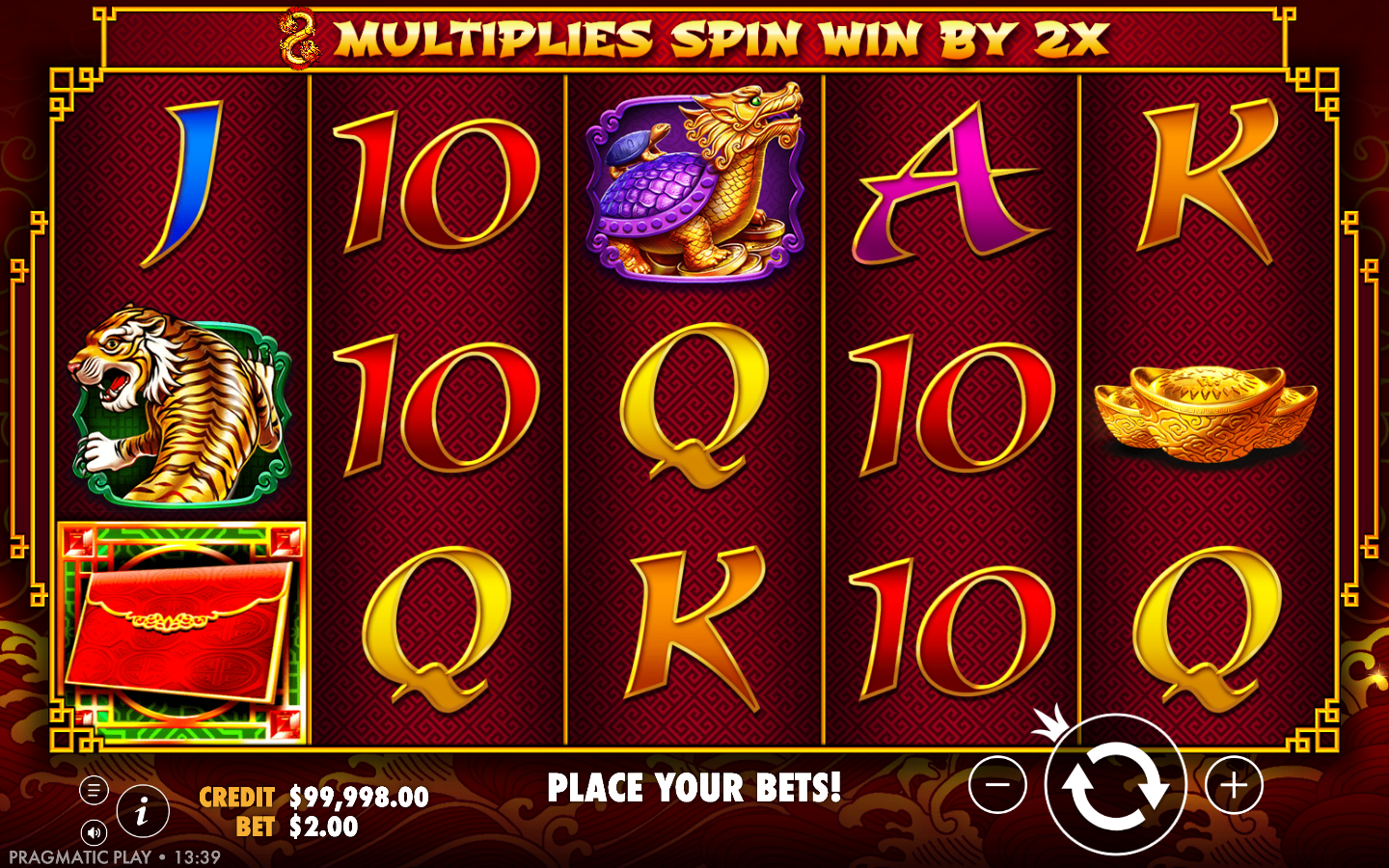 8 Dragons base game on a 5 by 3 grid showing the tiger, the purple and gold dragon-turtle, a red envelope scatter, a gold ingot and card royals under a MULTIPLIES SPIN WIN BY 2X banner