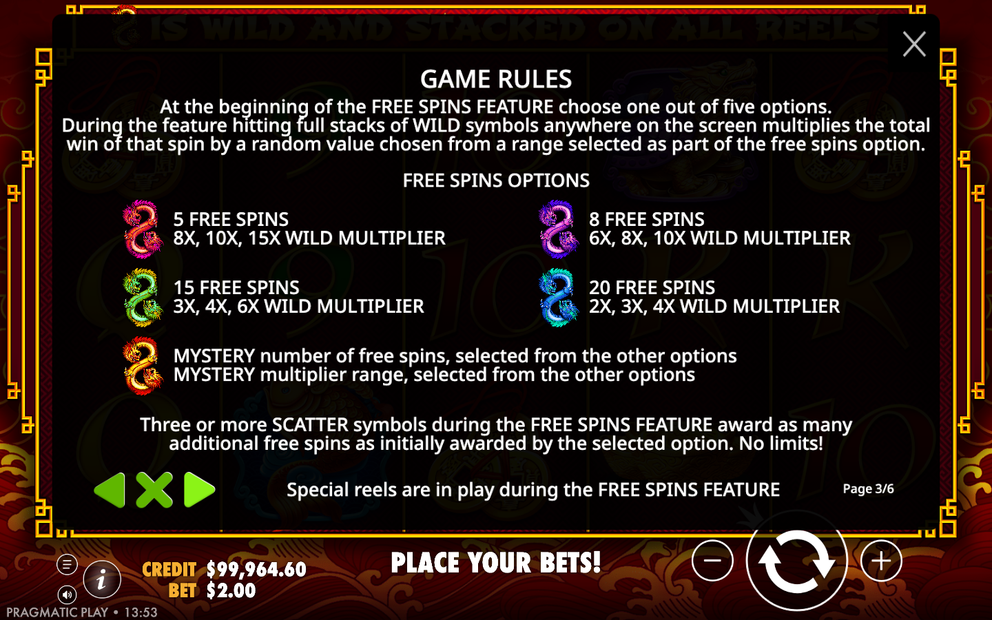 8 Dragons Game Rules free spins feature page listing the five selectable options: 5 spins at 8x-15x, 8 spins at 6x-10x, 15 spins at 3x-6x, 20 spins at 2x-4x and a Mystery option