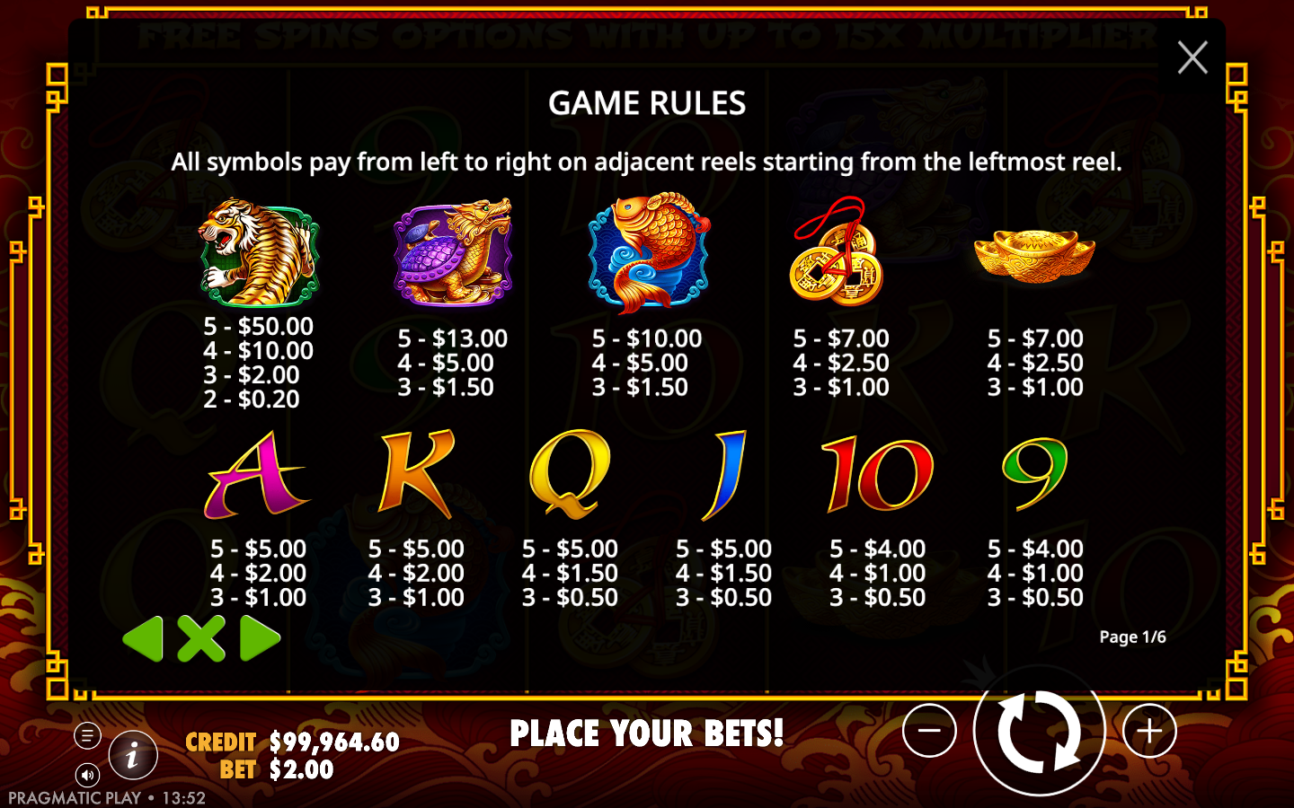 8 Dragons Game Rules paytable page showing the tiger, dragon-turtle, koi, gold coins and gold ingot premium values and the A, K, Q, J, 10 and 9 card royals