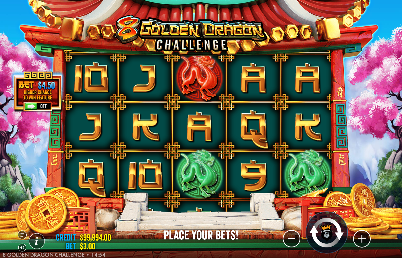8 Golden Dragon Challenge base game on a 5 by 3 grid showing red and green dragon premiums, card royals, the gold pagoda frame with a dragon on each side, and the Ante Bet panel on the left