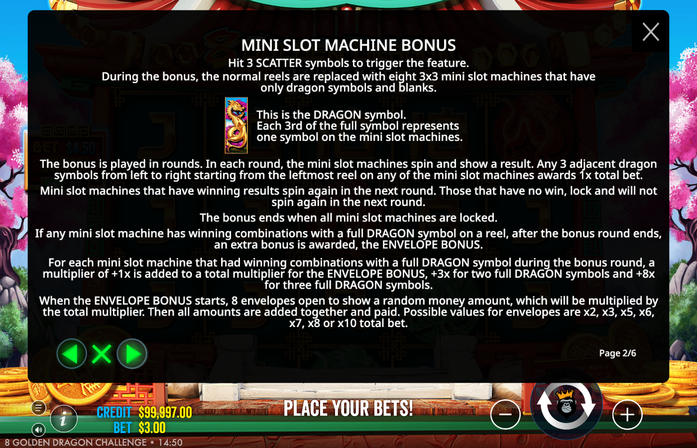8 Golden Dragon Challenge Game Rules page explaining the Mini Slot Machine Bonus across eight 3x3 machines and the Envelope Bonus with its multiplier accrual and envelope values
