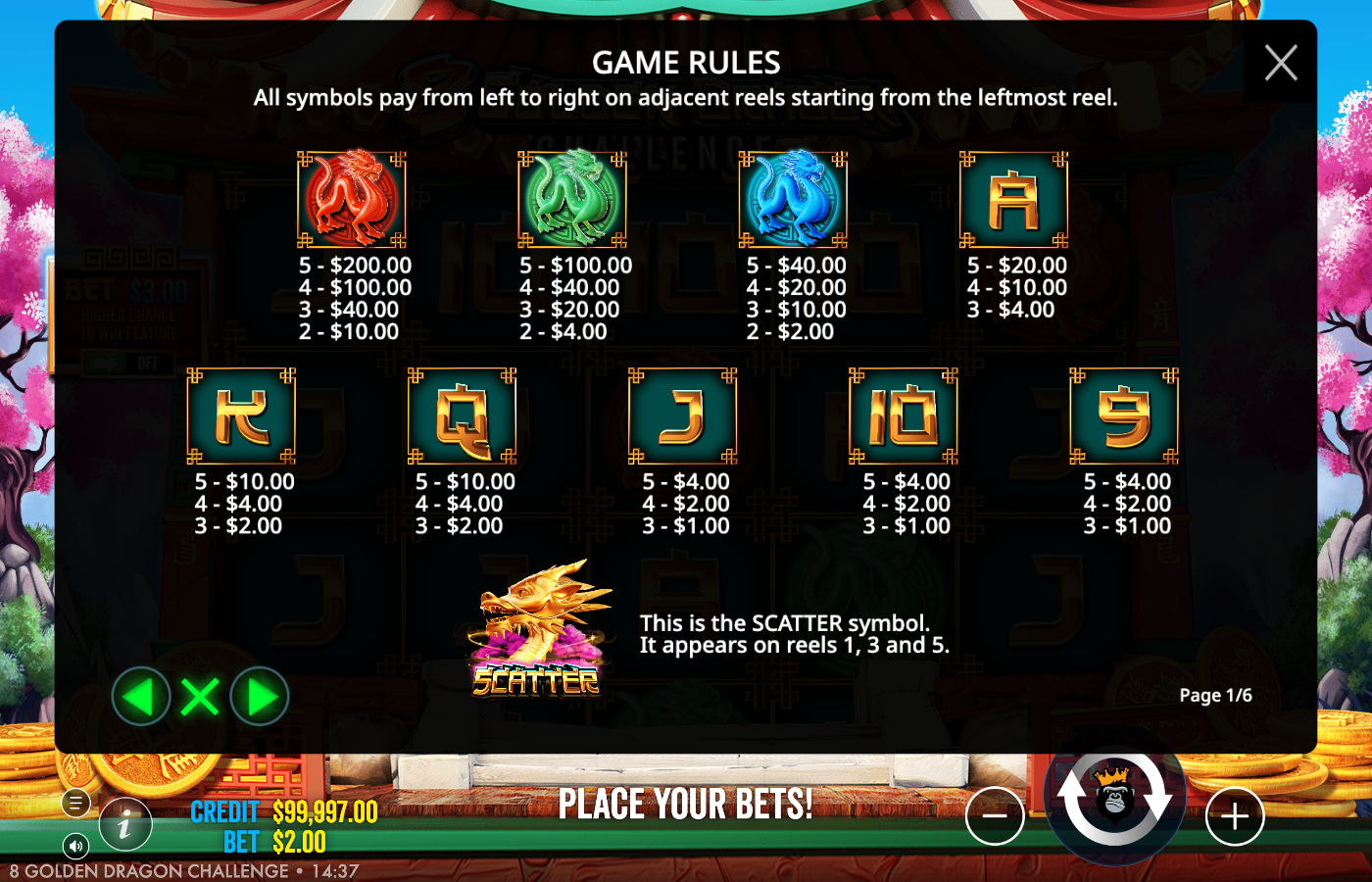 8 Golden Dragon Challenge Game Rules paytable page showing the red, green and blue dragon premiums paying from two of a kind, the A to 9 royals, and the scatter note that it lands on reels 1, 3 and 5