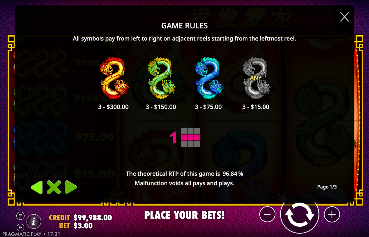 888 Dragons in-game Game Rules paytable page listing the red gold dragon 100x, green 50x, blue 25x and any three dragons 5x, plus the single payline indicator and the stated 96.84 percent RTP