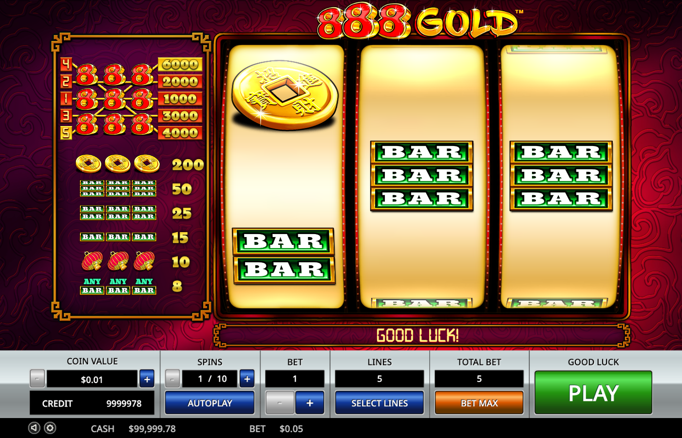888 Gold base game 3 by 3 grid in an ornate red and gold frame with a gold Chinese coin, green BAR stacks and the red 8 wild banner, plus the five-line payline map and symbol legend down the left side