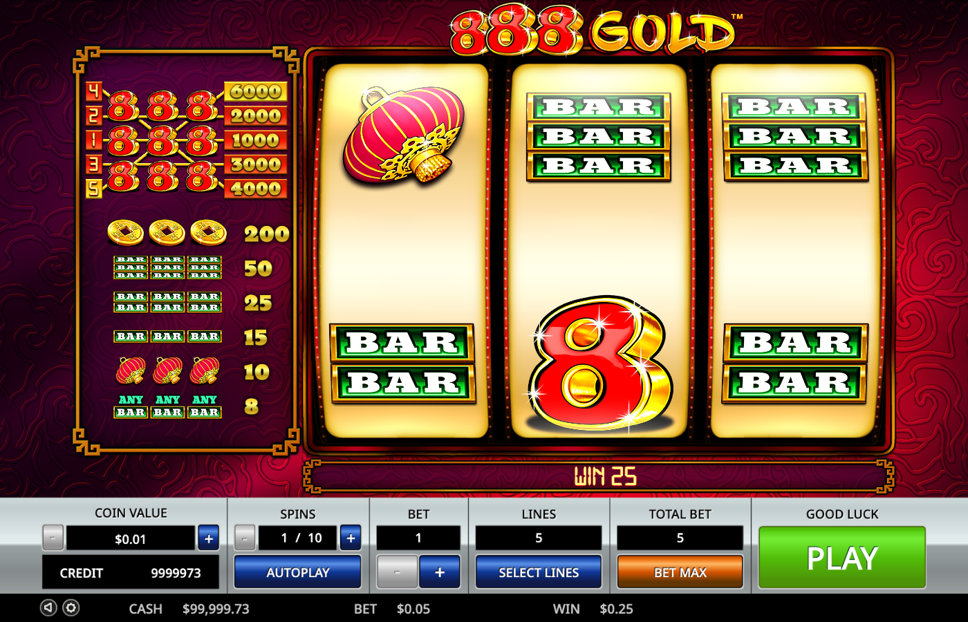 888 Gold live base game winning spin showing WIN 25 with the red 8 wild landed on the centre of reel 2, a red lantern on reel 1 and BAR stacks on reels 1 and 3