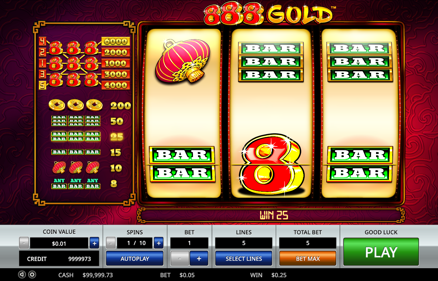888 Gold full frame showing the left-side payline map for lines 1 to 5 and the symbol legend of red 8, gold coins, BAR-BAR-BAR, BAR-BAR, BAR, lantern and the any-BAR consolation, alongside the reels