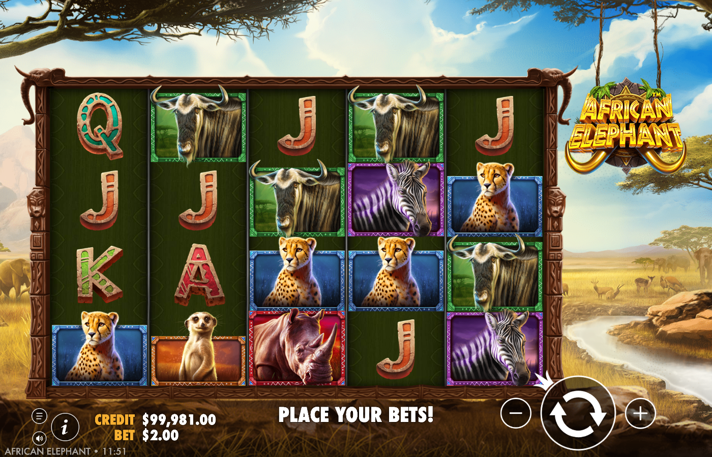 African Elephant base game on a 5 by 4 grid showing wildebeest, cheetahs, zebras, a rhino, a meerkat and card royals over an acacia savanna backdrop with a CREDIT and BET A$2.00 readout