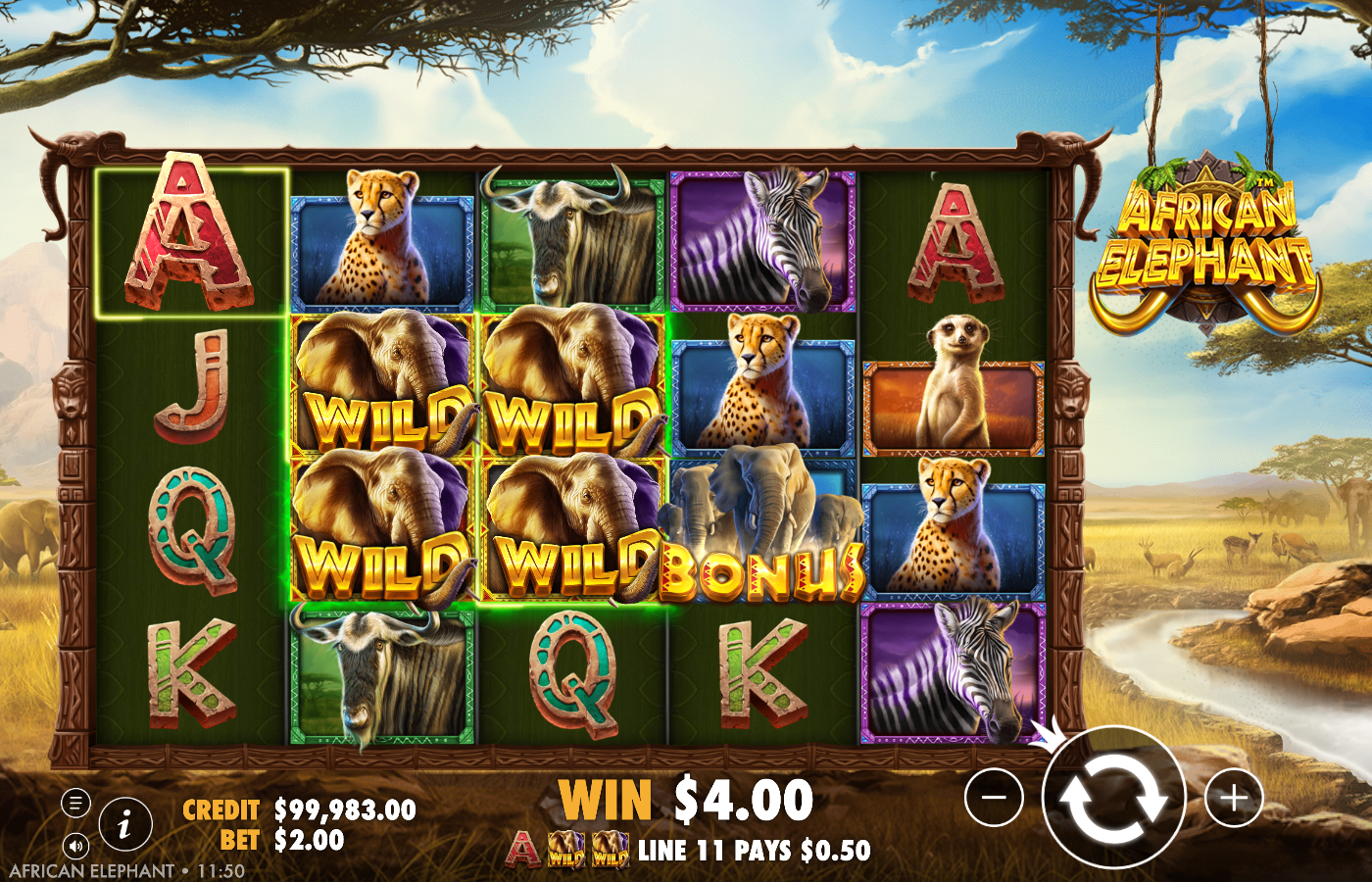 African Elephant Wild Shape feature with four elephant WILD symbols in a 2 by 2 block on the centre reels and a gold Bonus scatter, resolving to WIN A$4.00 on LINE 11