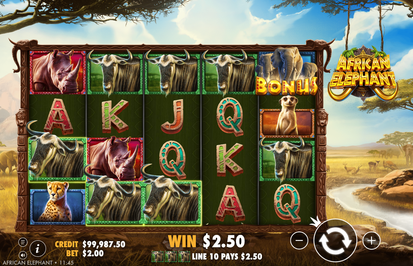 African Elephant second Wild Shape frame with a gold Bonus scatter top-right, an elephant on reel 5 and a highlighted winning payline WIN A$2.50 on LINE 10