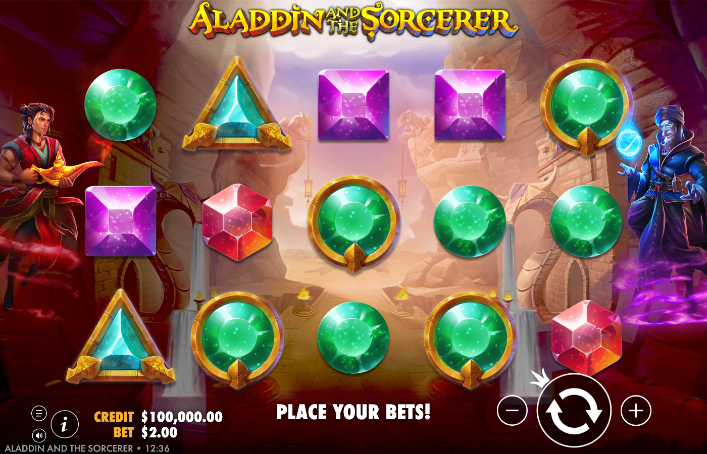 Aladdin and the Sorcerer base game on a 5 by 3 grid of blue, green, red, purple and teal gems and their gold-framed premiums, with Aladdin on the left and the Sorcerer on the right over a desert palace, CREDIT A$100,000 and BET A$2.00