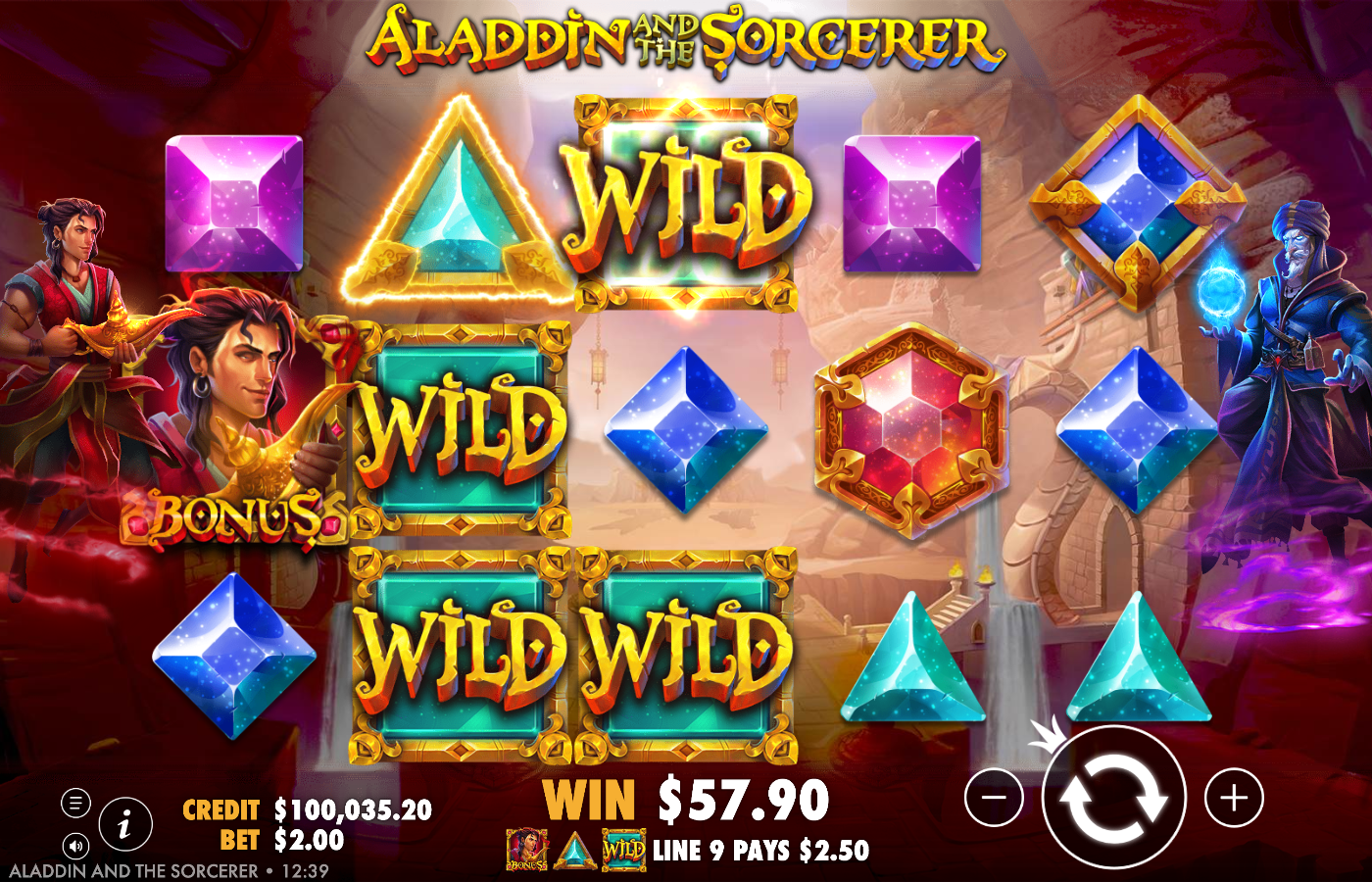 Aladdin and the Sorcerer Random Wilds feature with a BONUS tile on reel 1, four gold-framed WILD symbols across the reels and Aladdin glowing on the left, resolving to WIN A$57.90 with LINE 9 PAYS A$2.50