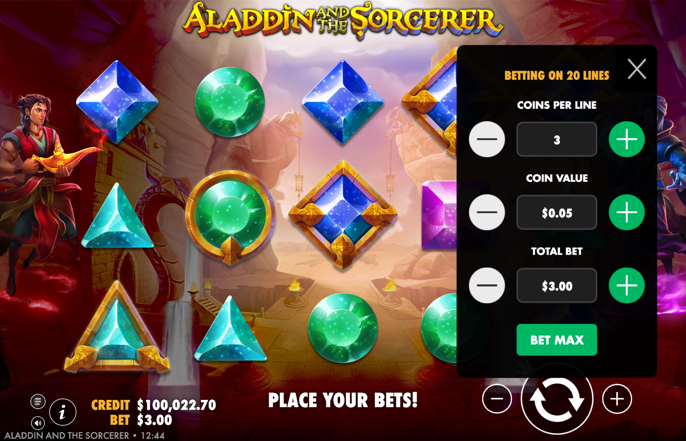 Aladdin and the Sorcerer in-game bet and info panel headed BETTING ON 20 LINES, showing COINS PER LINE 3, COIN VALUE A$0.05, TOTAL BET A$3.00 and a BET MAX control