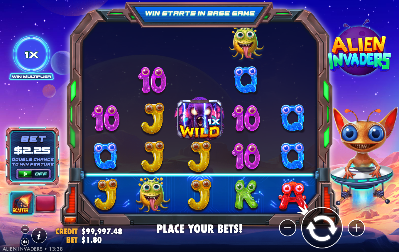 Alien Invaders base game with cartoon aliens and 10, J, K sci-fi royals across five reels, a WILD on reel 3 carrying a 1X badge, the blue marked bottom row and a 1X win multiplier badge with BET A$1.80