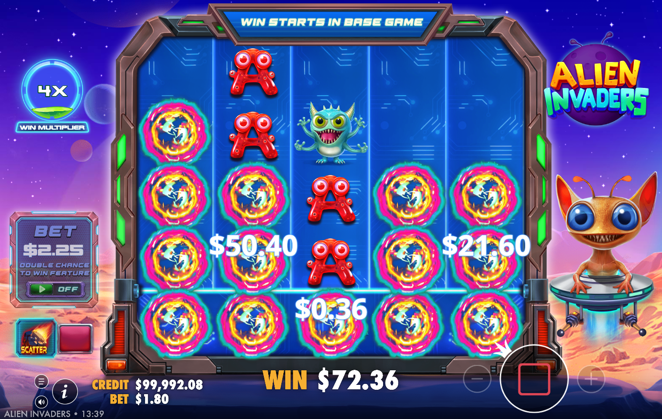 Alien Invaders mid-tumble with multiple exploding symbol clusters, floating win values of A$50.40, A$21.60 and A$0.36, the WIN MULTIPLIER built to 4X and a total WIN of A$72.36 at a A$1.80 bet