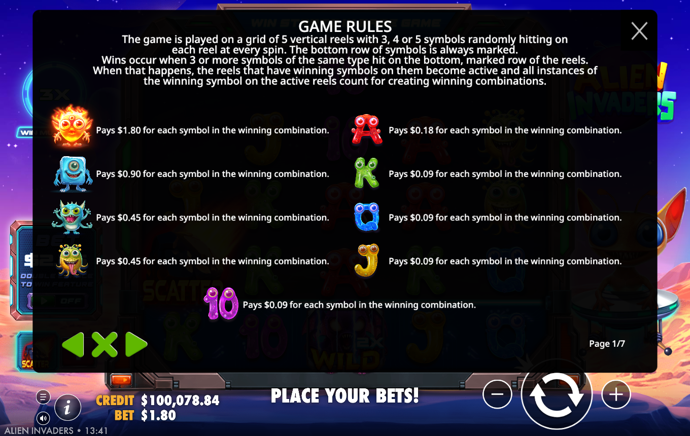 Alien Invaders in-game Game Rules paytable page one of seven showing the marked-row win rule and the numeric per-symbol paytable: orange alien A$1.80, blue A$0.90, teal and yellow A$0.45, red A$0.18, royals A$0.09