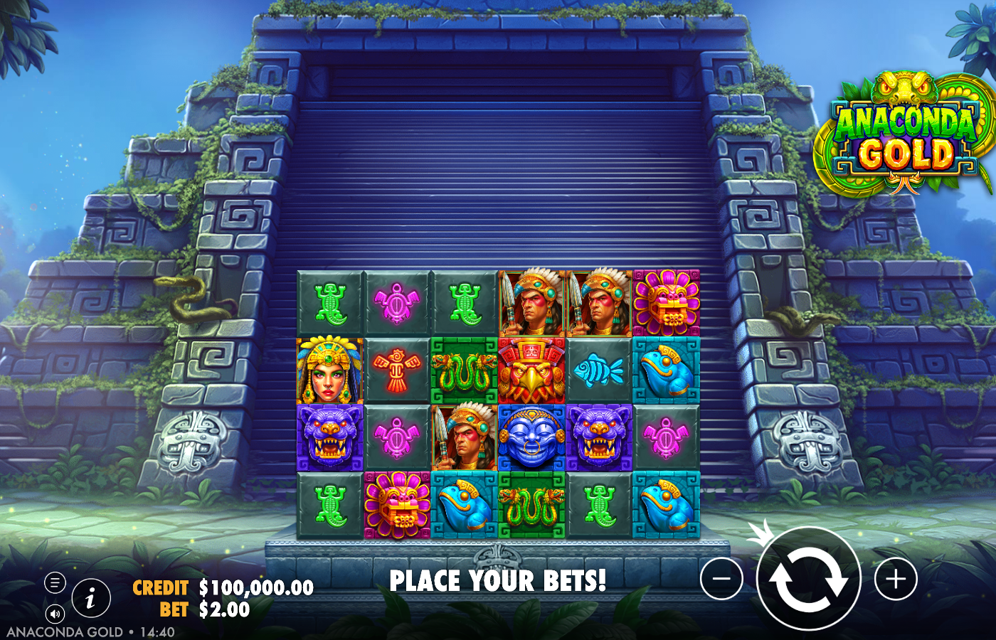 Anaconda Gold base game showing the settled 6x4 grid of Aztec symbols, feathered chiefs, jewelled queen and coloured masks inside a stone-temple frame, with CREDIT A$100,000.00 and BET A$2.00 and the green Anaconda Gold logo