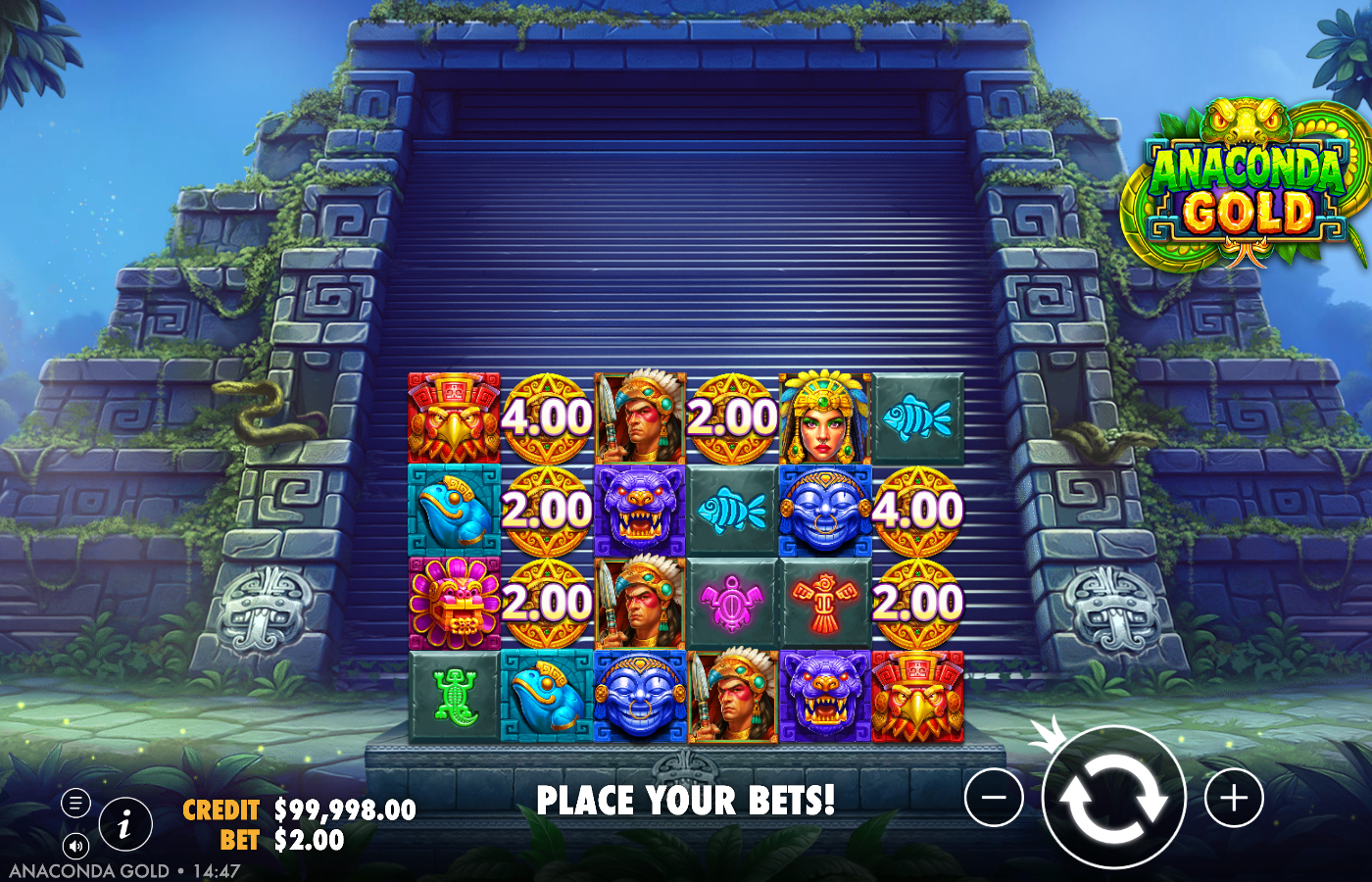 Anaconda Gold base spin with six gold Money symbols on the reels showing values A$4.00, A$2.00, A$2.00, A$4.00, A$2.00 and A$2.00, the money-collect mechanic in play at a A$2.00 bet