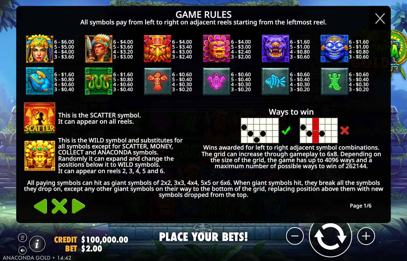 Anaconda Gold in-game Game Rules page one of six showing the numeric symbol paytable from the Aztec Queen at 6x down to the low set at 0.6x, plus the Scatter, Wild, giant-symbol and ways-to-win rules
