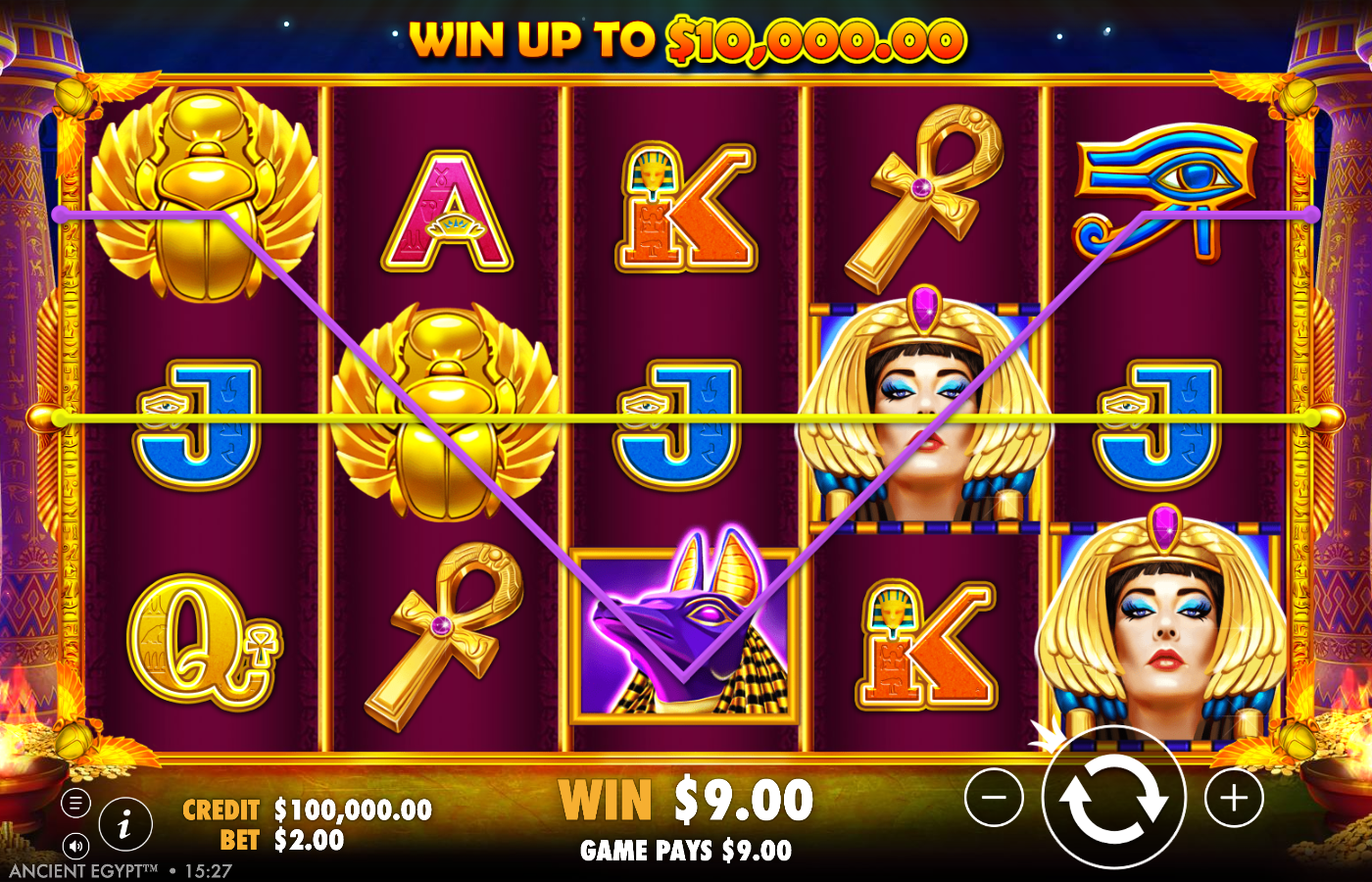 Ancient Egypt base game on a 5 by 3 grid with two golden scarabs stacked on reel 1, Anubis and Ankh mid-board, Cleopatra on the right and card royals, a WIN UP TO banner across the top, CREDIT A$100,000 and BET A$2.00, resolving to WIN A$9.00