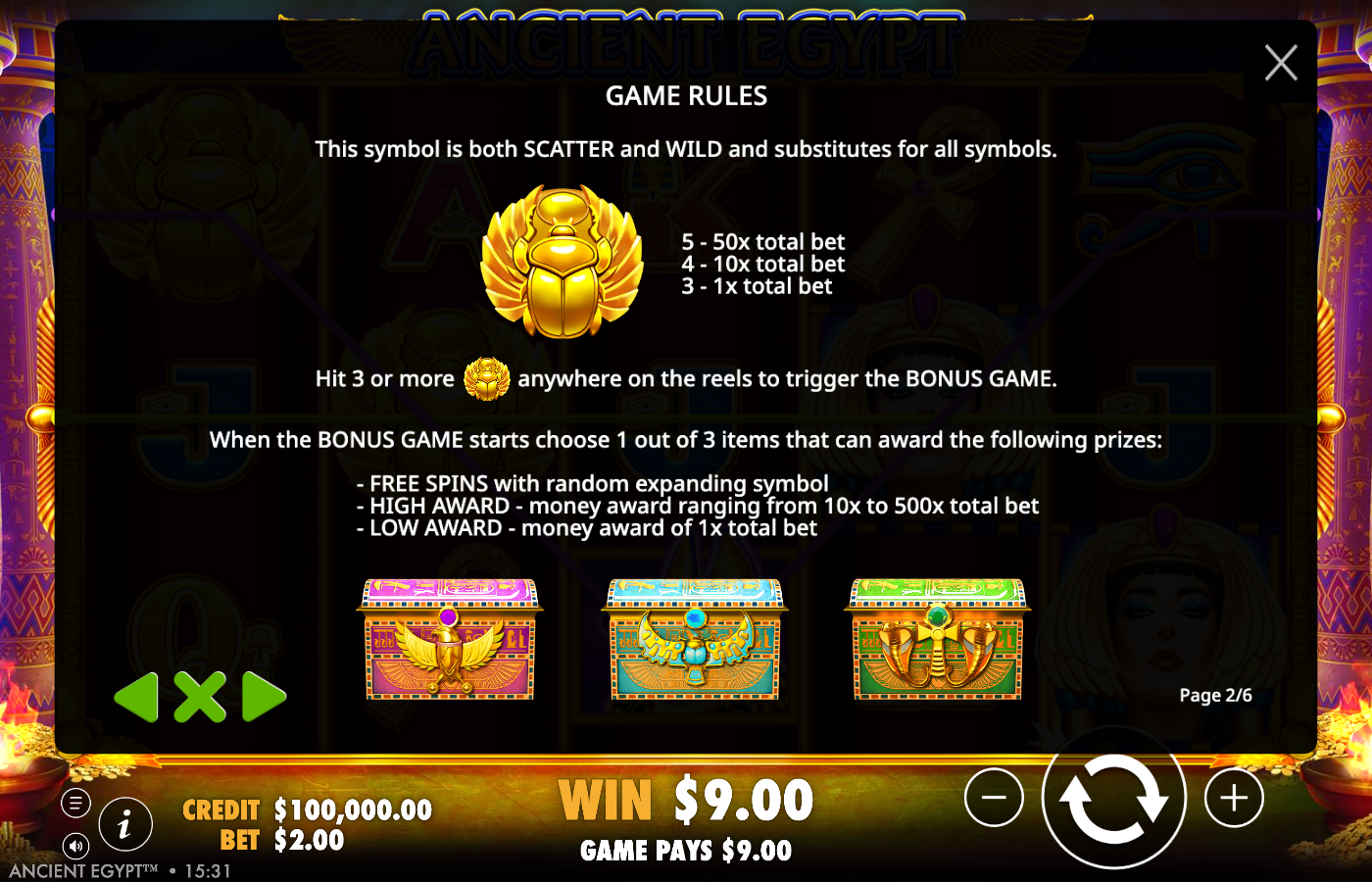 Ancient Egypt in-game Game Rules page 2 of 6 describing the golden scarab as both scatter and wild with 50x, 10x and 1x total-bet scatter pays, the 3-or-more Bonus Game trigger, and the three Bonus Game prizes with three chests