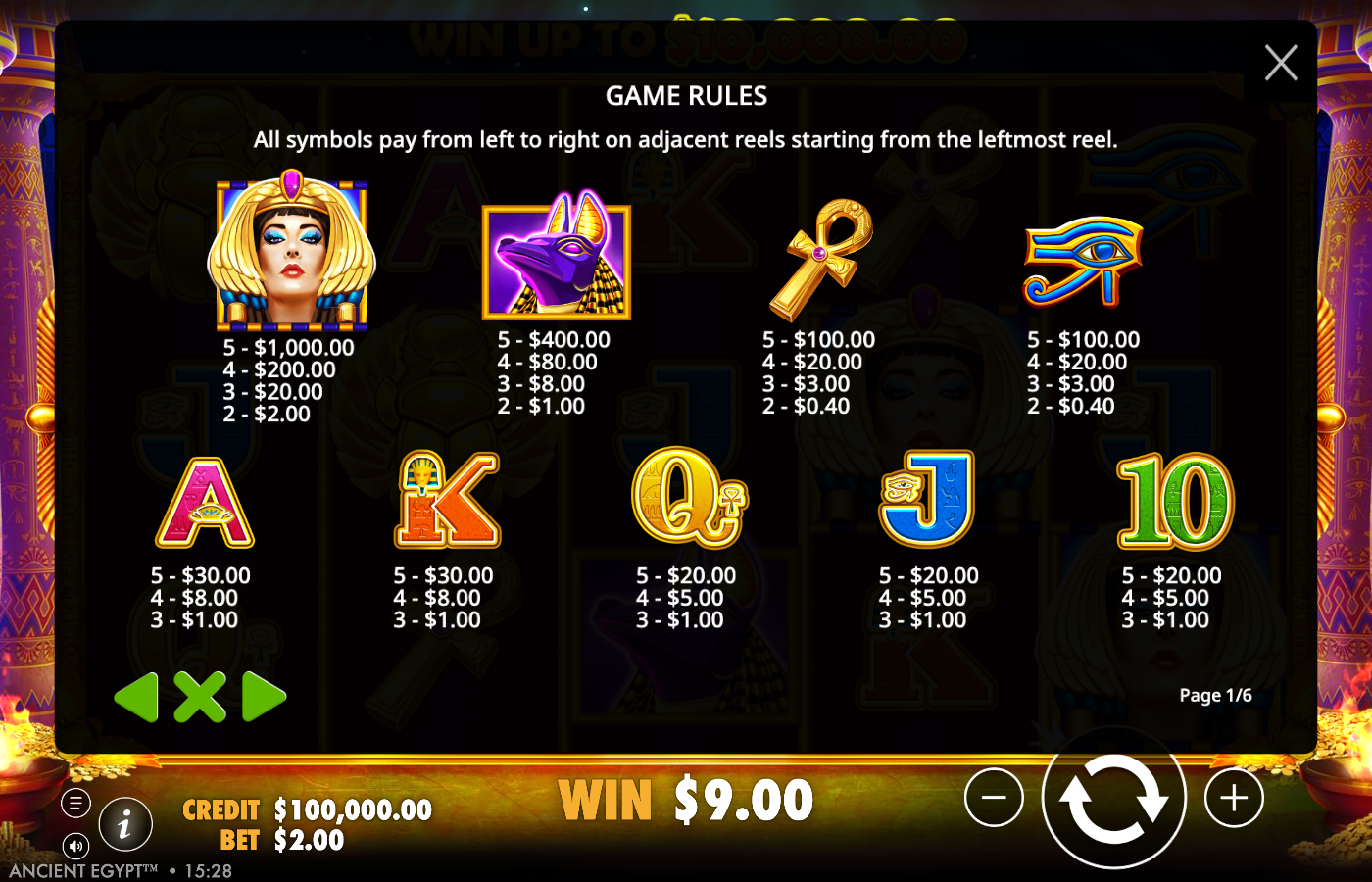 Ancient Egypt in-game Game Rules page 1 of 6, the numeric paytable showing Cleopatra 5 pays A$1,000, Anubis 5 pays A$400, Ankh and Eye of Horus 5 pay A$100, A and K 5 pay A$30 and Q, J, 10 pay A$20