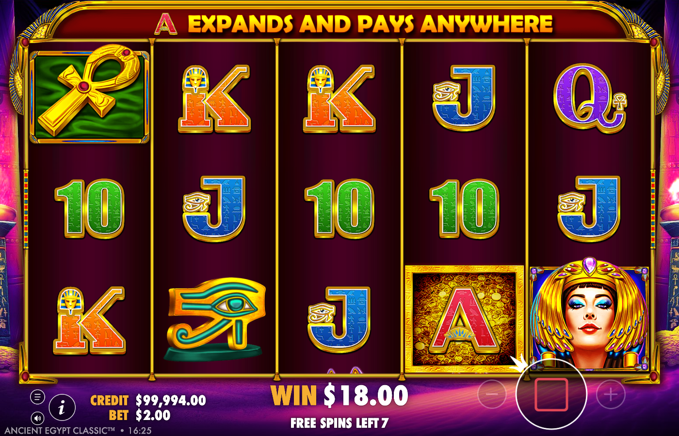 Ancient Egypt Classic live Free Spins round with the purple-tinted reels, an A EXPANDS AND PAYS ANYWHERE banner across the top, the A royal highlighted on the reels, FREE SPINS LEFT 7 and WIN A$18.00 accumulating