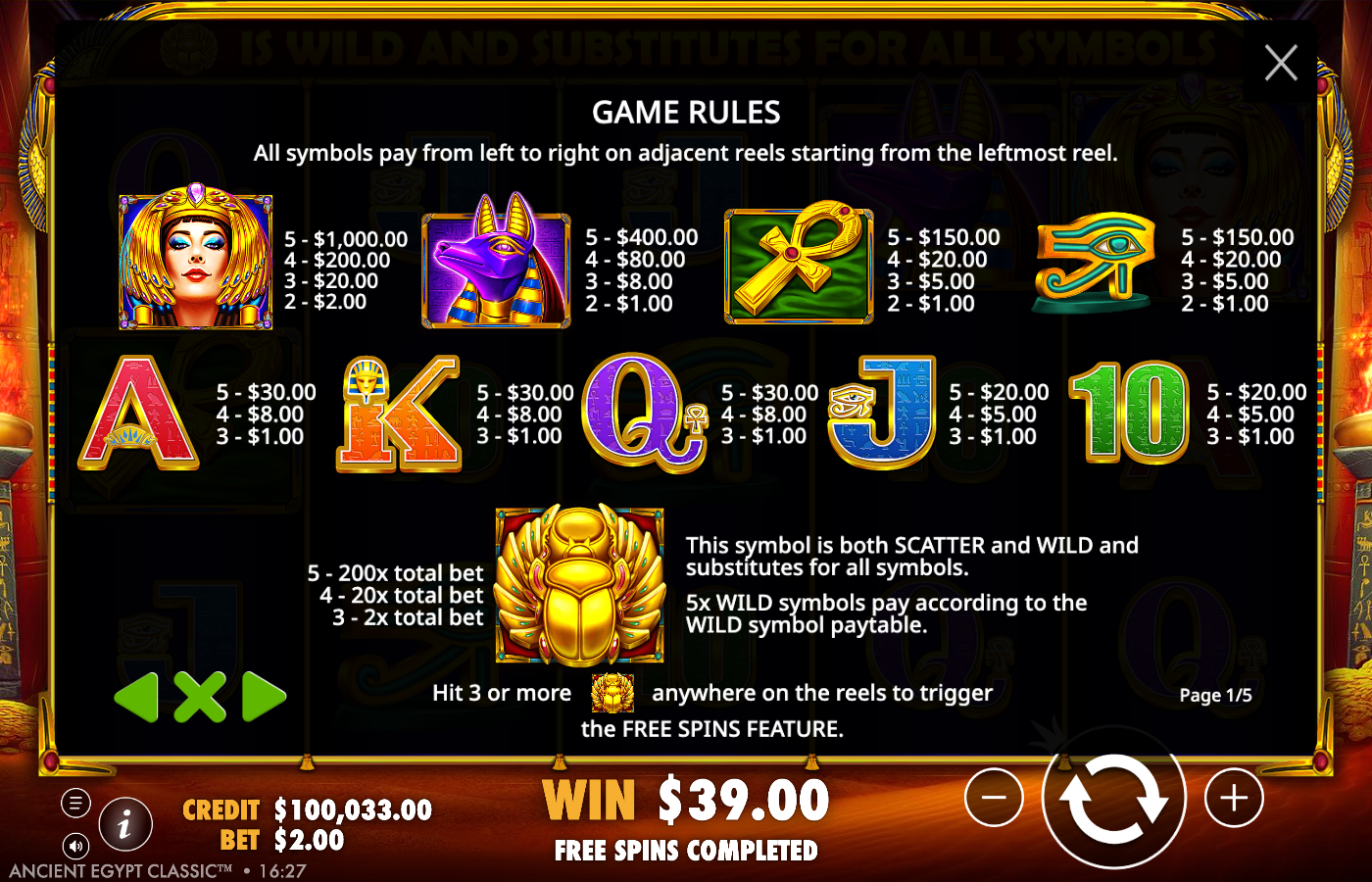 Ancient Egypt Classic in-game Game Rules page 1 of 5, the numeric paytable showing Cleopatra 5 pays A$1,000, Anubis 5 pays A$400, Ankh and Eye of Horus 5 pay A$150, royals A, K, Q 5 pay A$30 and J, 10 pay A$20, plus the golden scarab as both scatter and wild